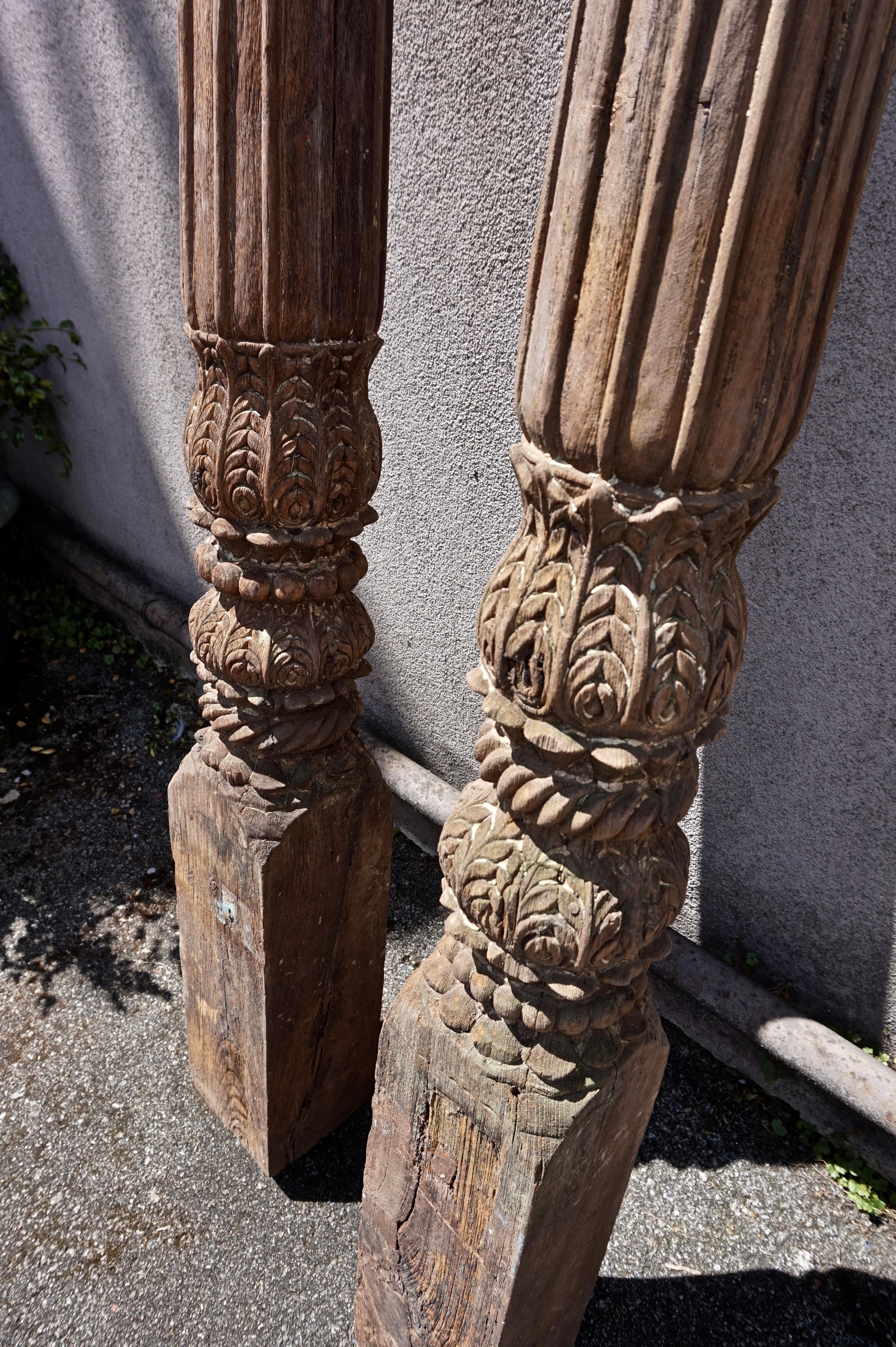 Anglo Raj 19th C. Hand Carved Salvage Teak Architectural Columns India Rustic Original