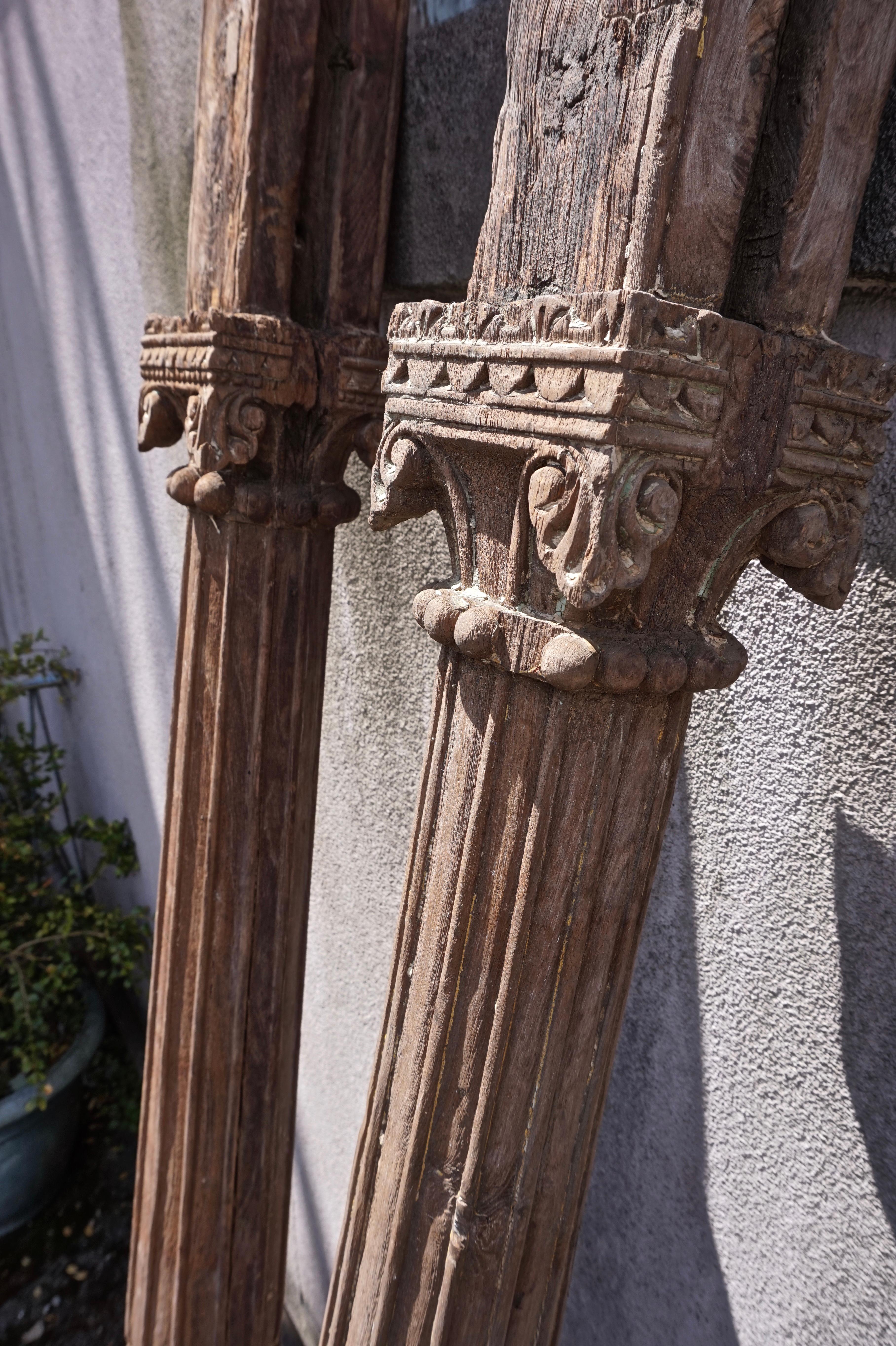 Indian 19th C. Hand Carved Salvage Teak Architectural Columns India Rustic Original