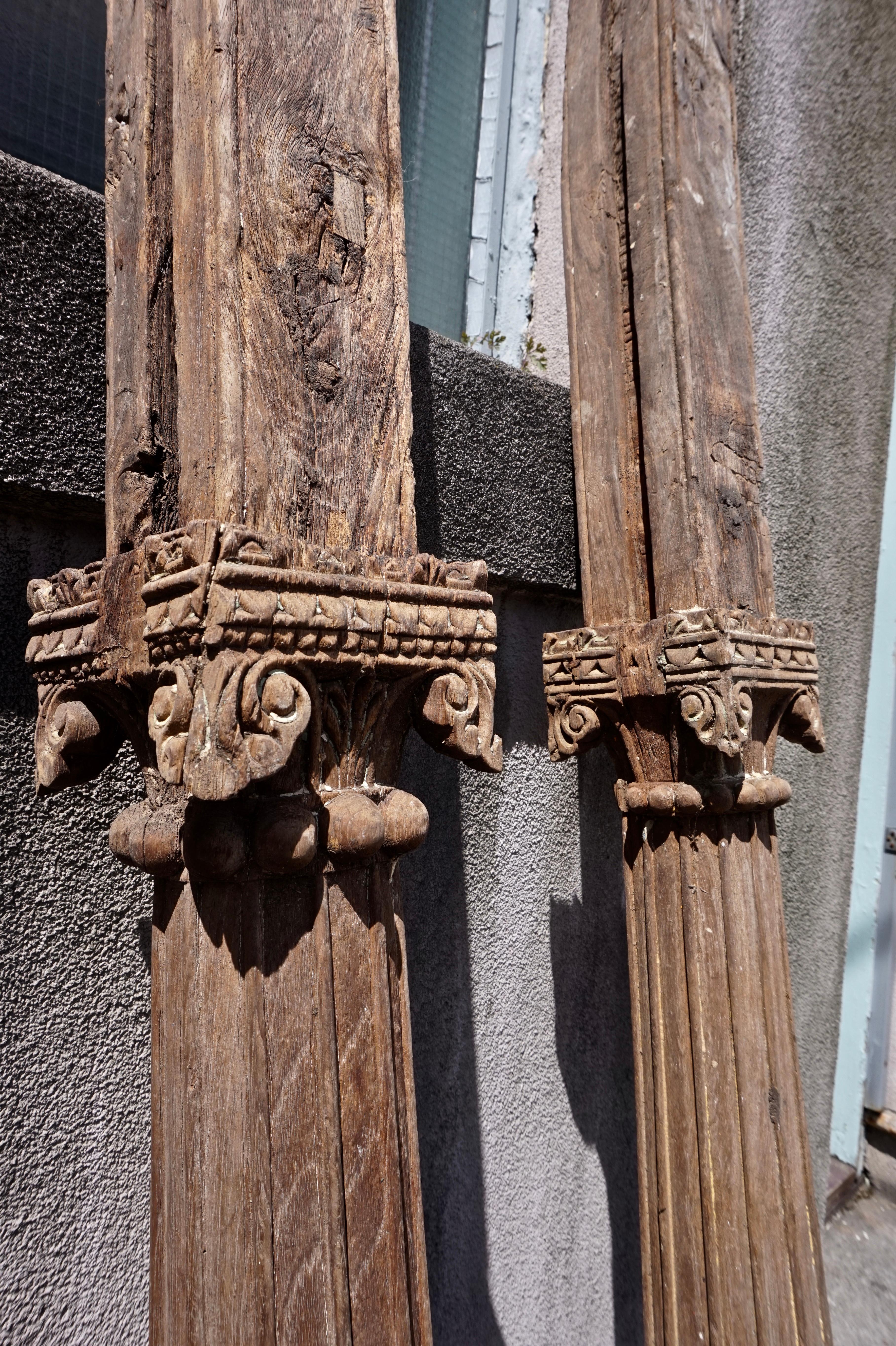 19th Century 19th C. Hand Carved Salvage Teak Architectural Columns India Rustic Original