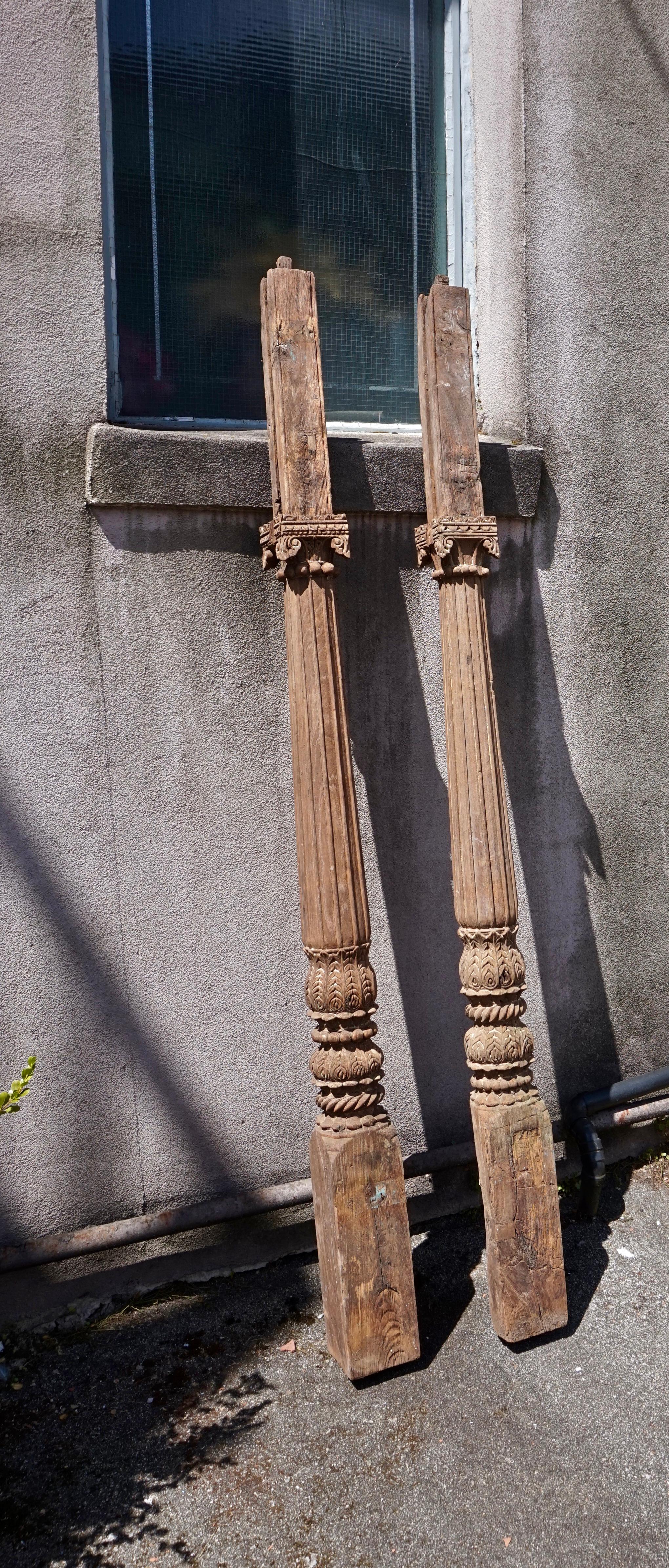 19th C. Hand Carved Salvage Teak Architectural Columns India Rustic Original 1