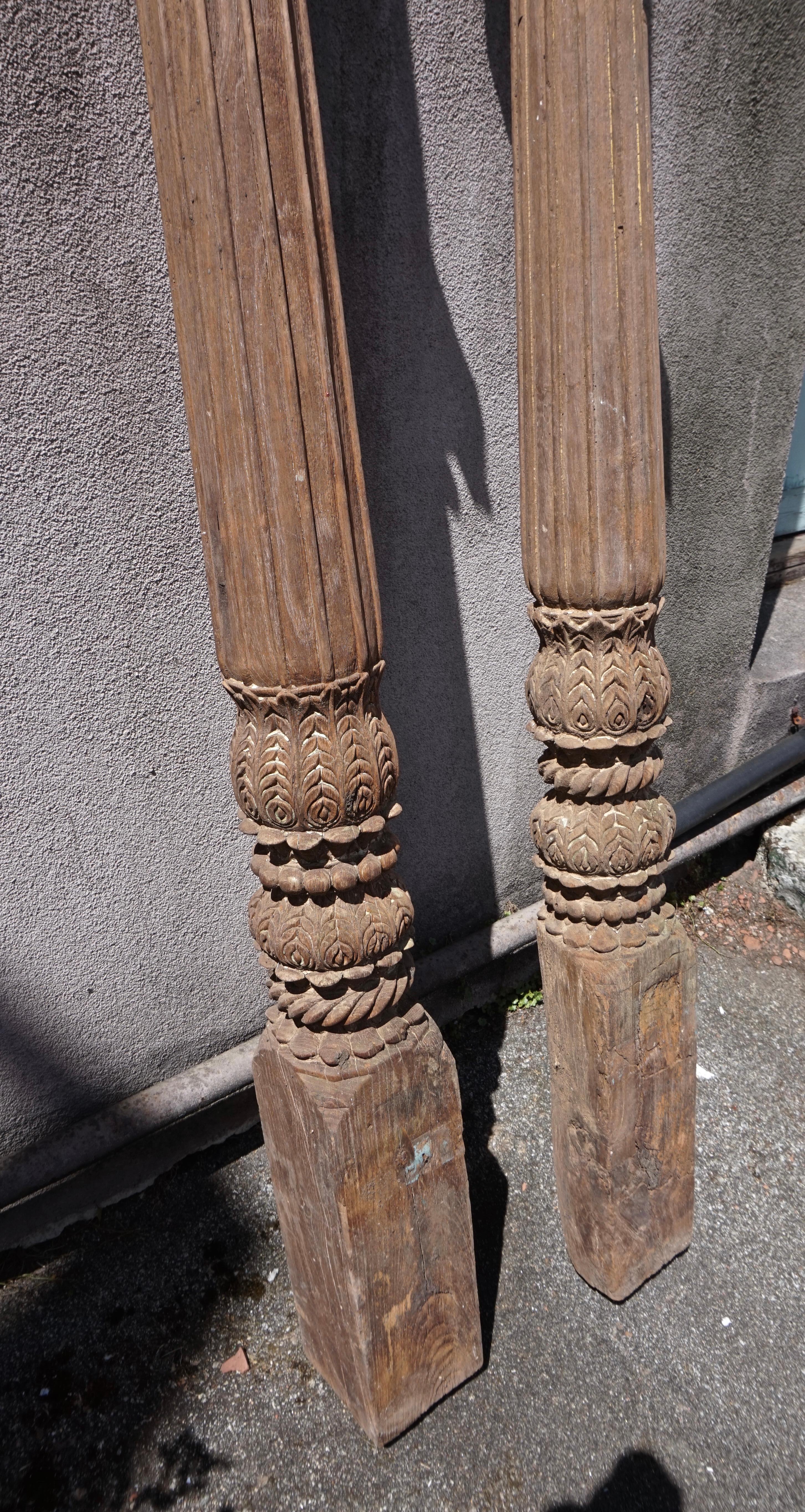 19th C. Hand Carved Salvage Teak Architectural Columns India Rustic Original 2