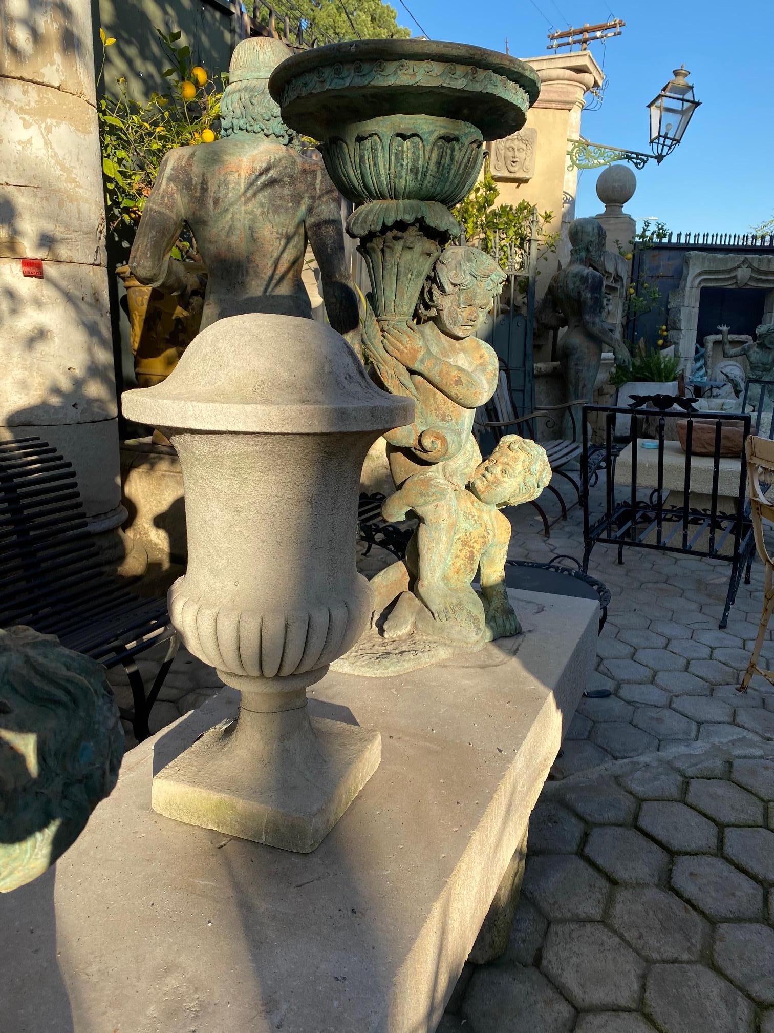 Early 19th century hand carved stone Medici finial. To mount on garden post by a gate or simply using it as beautiful decorative elements in an interior by a stack of books or on a console. The nicely rounded carved top. The elegance sculpting of