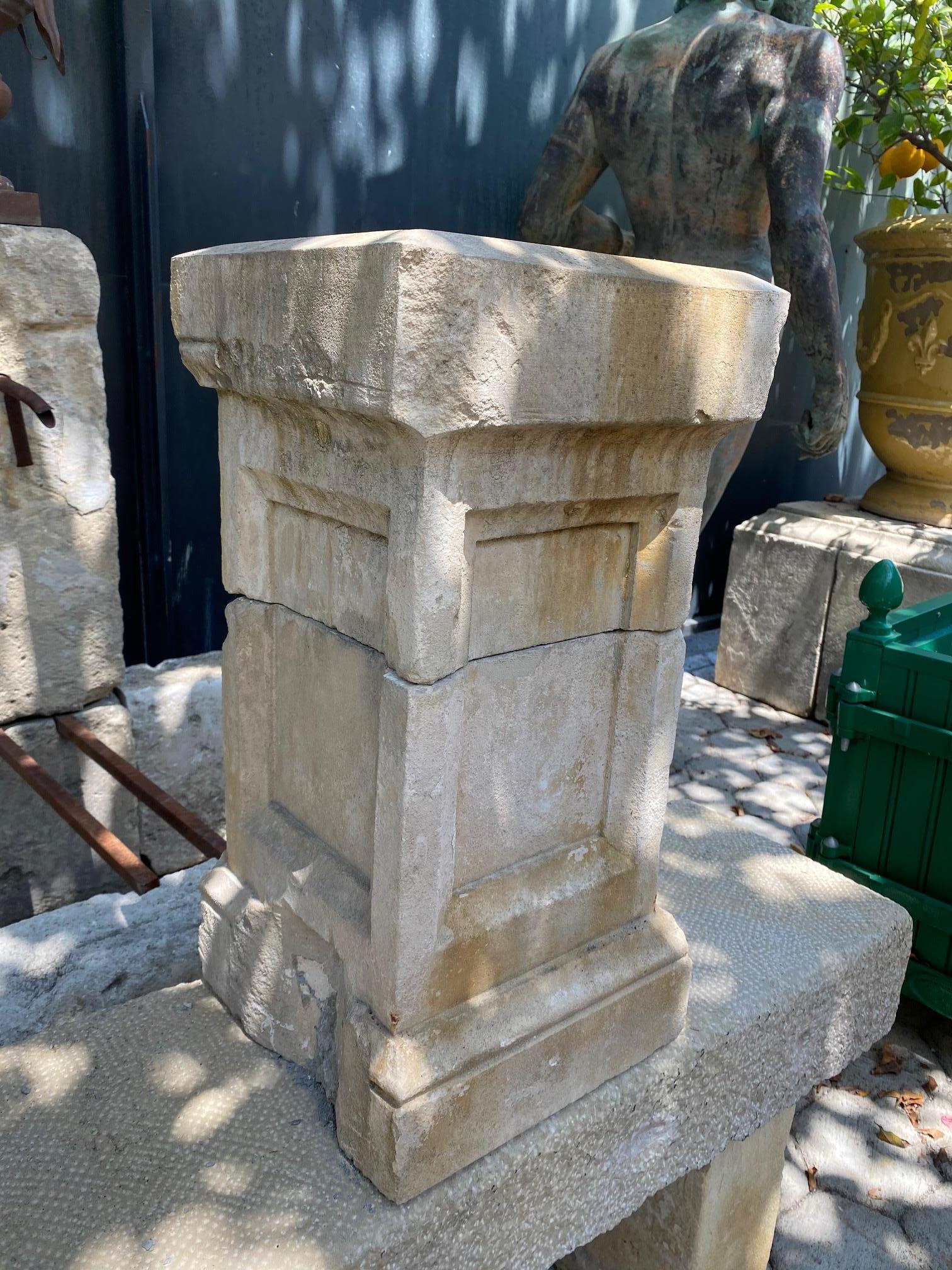 Nicely hand carved two blocks 19th century stone column base square small pedestal. Could be used as in a garden as an architectural decorative element, focal point or to top it with a finial or mount a lantern or jardinière urn vase or sculpture