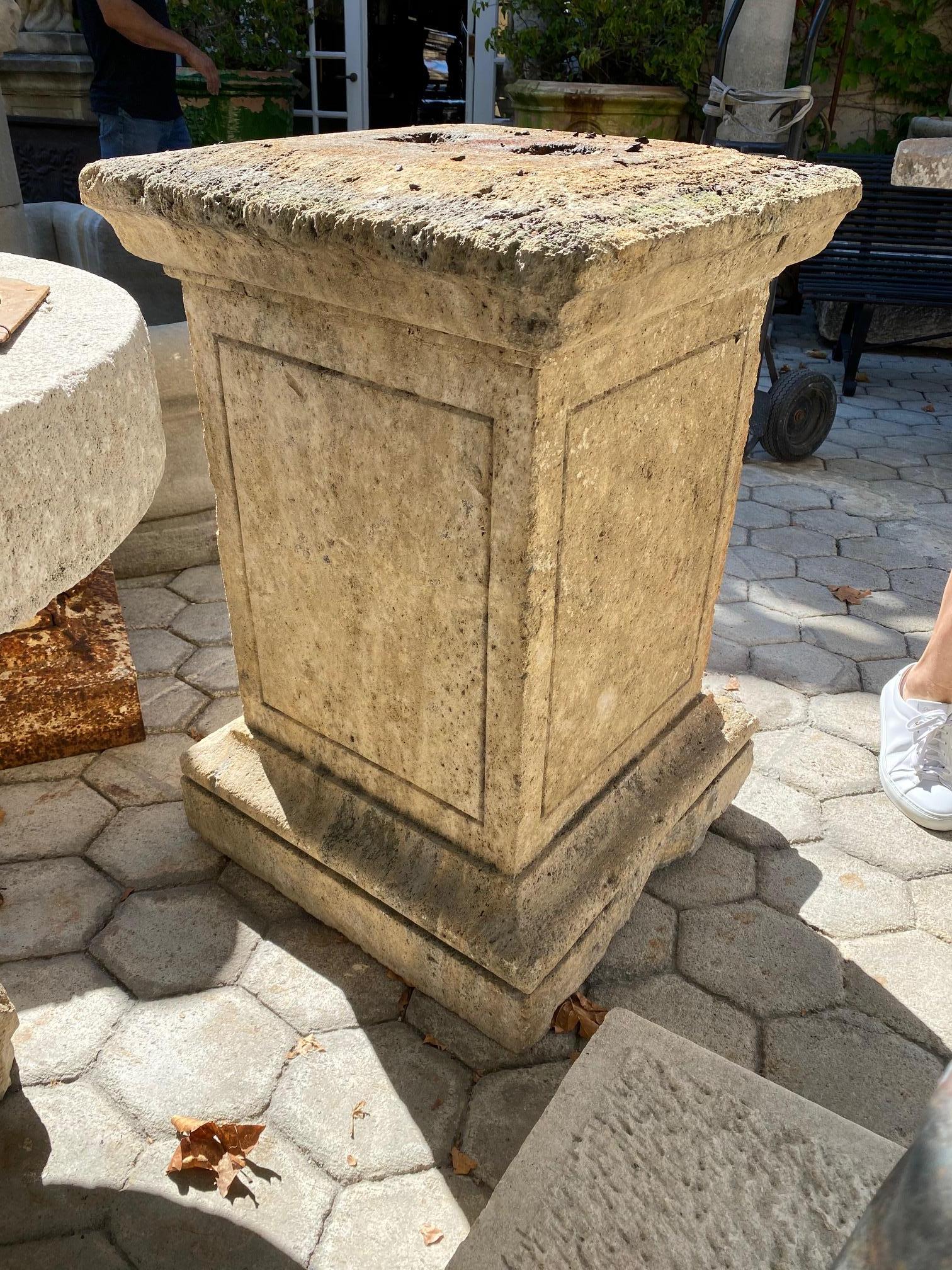 Hand Carved Stone Pedestal Column Post Fountain Base Center block center piece . Nicely hand carved one single block Early 19th Century stonesquare base pedestal . Could be used as a Focal point in a garden as an architectural decorative element ,