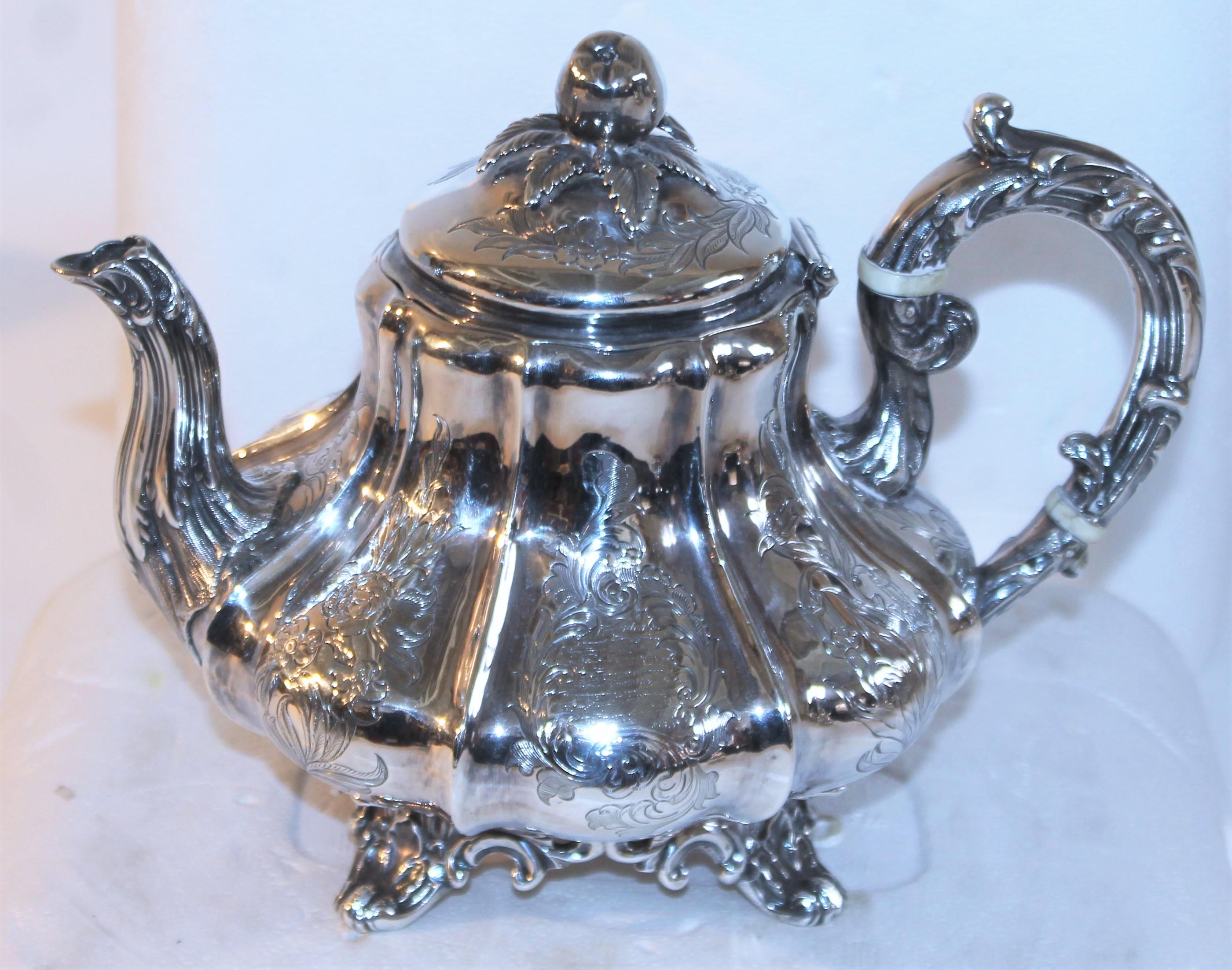 19th C Hand Crafted Sterling Four Piece Tea Set For Sale 4