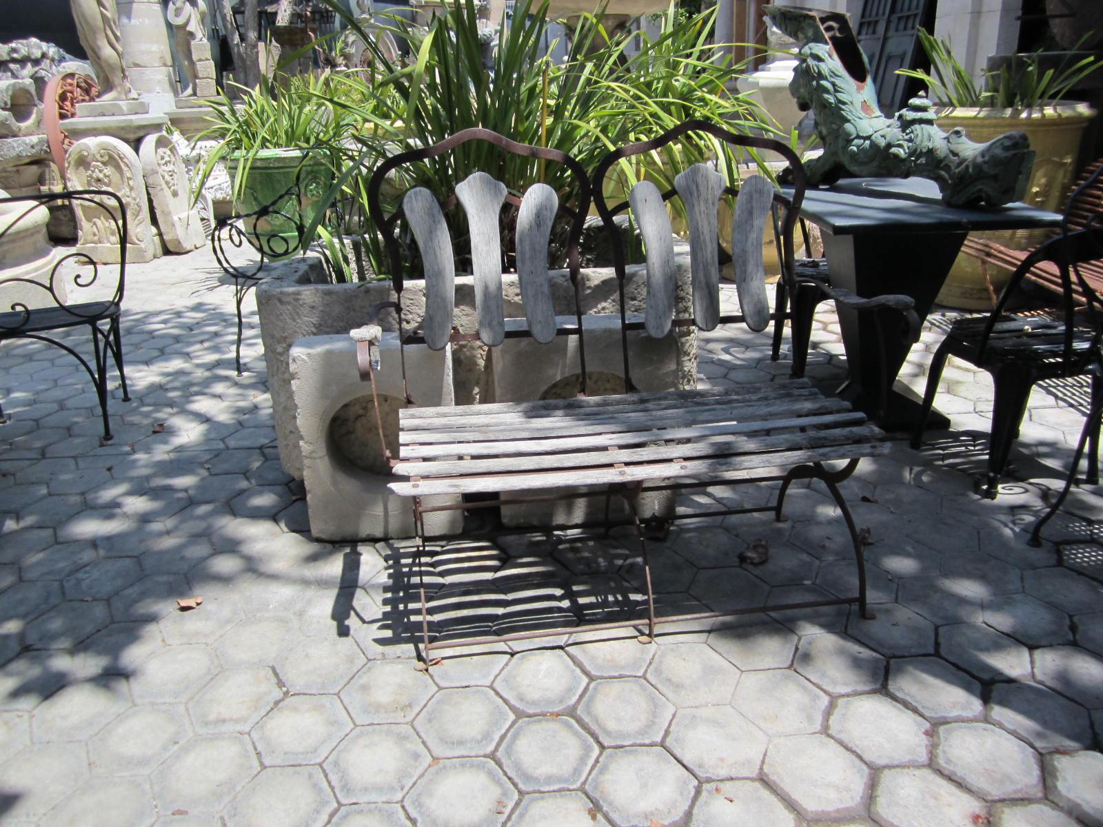 French Hand Forged Iron & Wood Garden Park Bench Seat Furniture Antiques Los Angeles CA