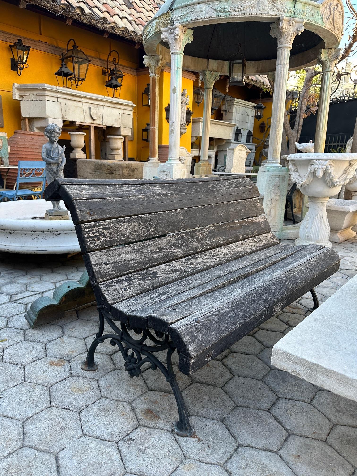 19th C. Hand Forged Metal & Carved Wood Antique Park Garden Bench Seat Furniture For Sale 7