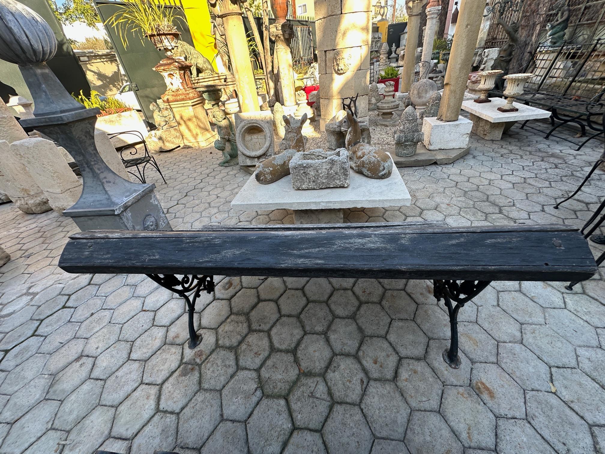 19th C. Hand Forged Metal & Carved Wood Antique Park Garden Bench Seat Furniture For Sale 9