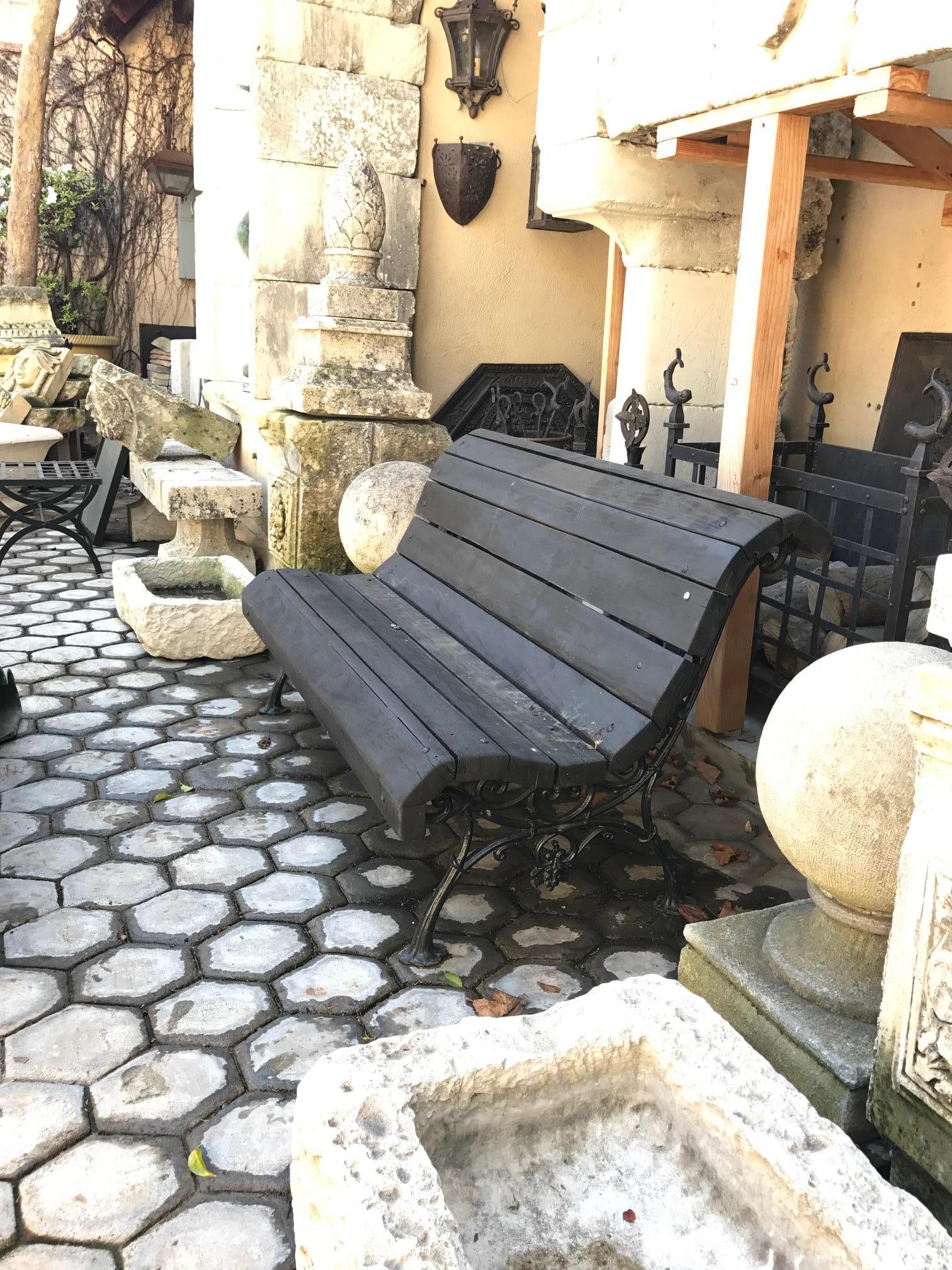 19th C. Hand Forged Metal & Carved Wood Antique Park Garden Bench Seat Furniture For Sale 14