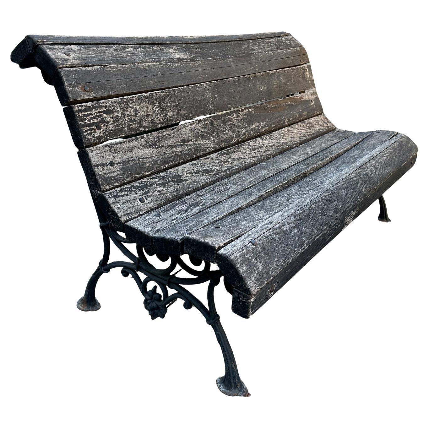 19th C. Hand Forged Metal & Carved Wood Antique Park Garden Bench Seat Furniture , Carved redwood Slats Garden bench. This rustic beauty is a rare piece indeed A beautiful garden bench simple lines that works in an interior as a seating or