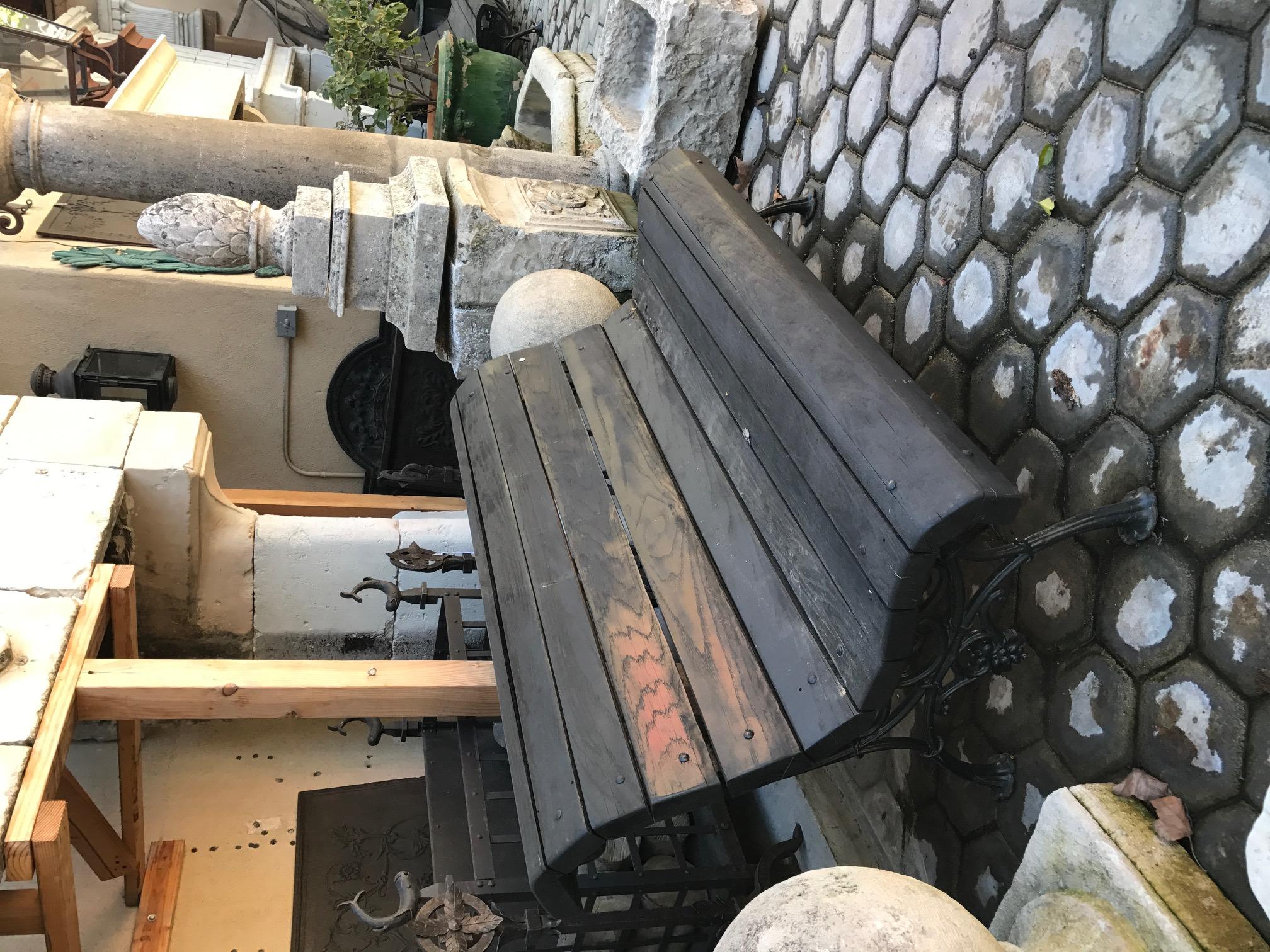 19th C. Hand Forged Metal & Carved Wood Antique Park Garden Bench Seat Furniture In Good Condition For Sale In West Hollywood, CA