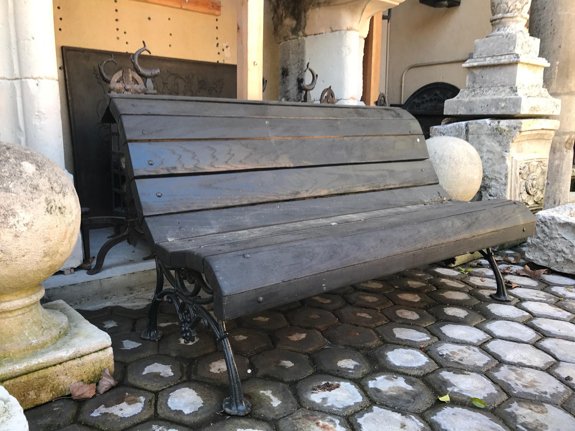 19th Century 19th C. Hand Forged Metal & Carved Wood Antique Park Garden Bench Seat Furniture For Sale