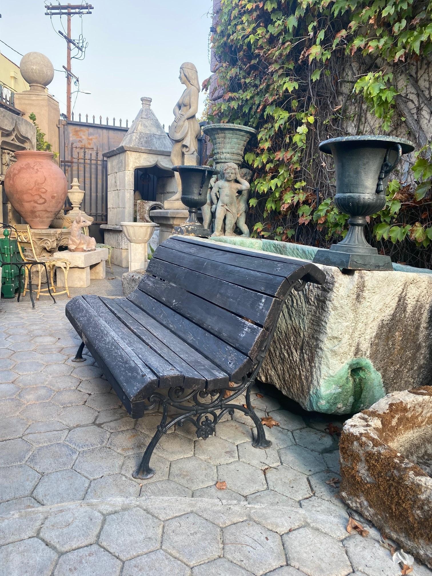 19th C. Hand Forged Metal & Carved Wood Antique Park Garden Bench Seat Furniture For Sale 1