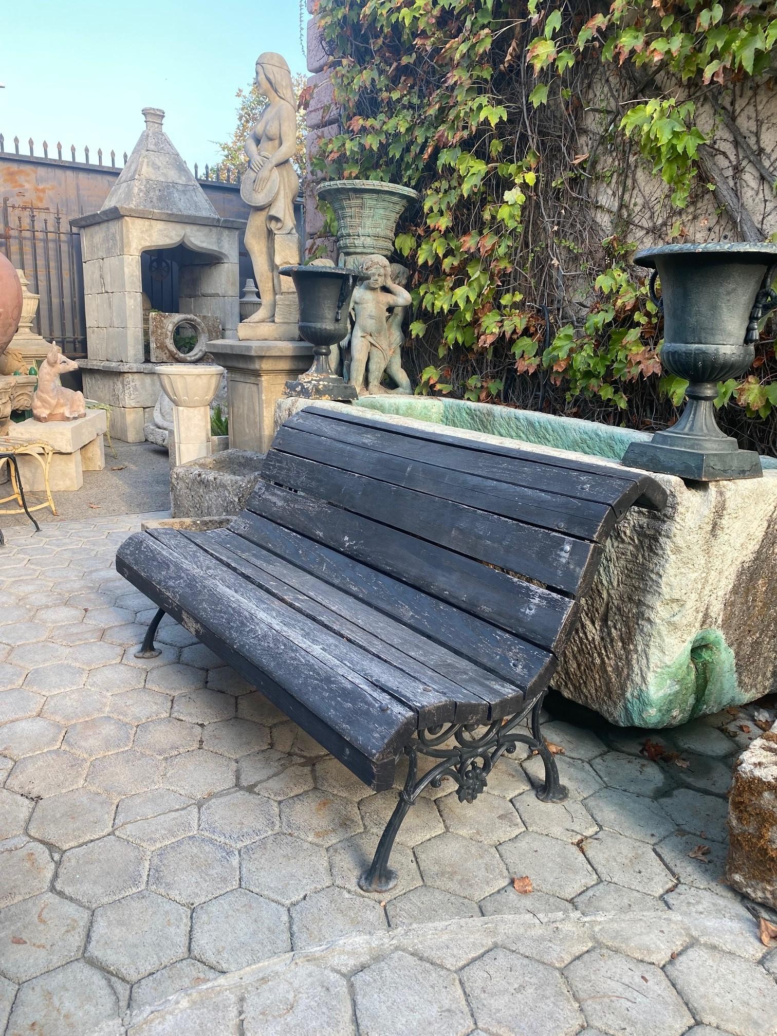 19th C. Hand Forged Metal & Carved Wood Antique Park Garden Bench Seat Furniture For Sale 3
