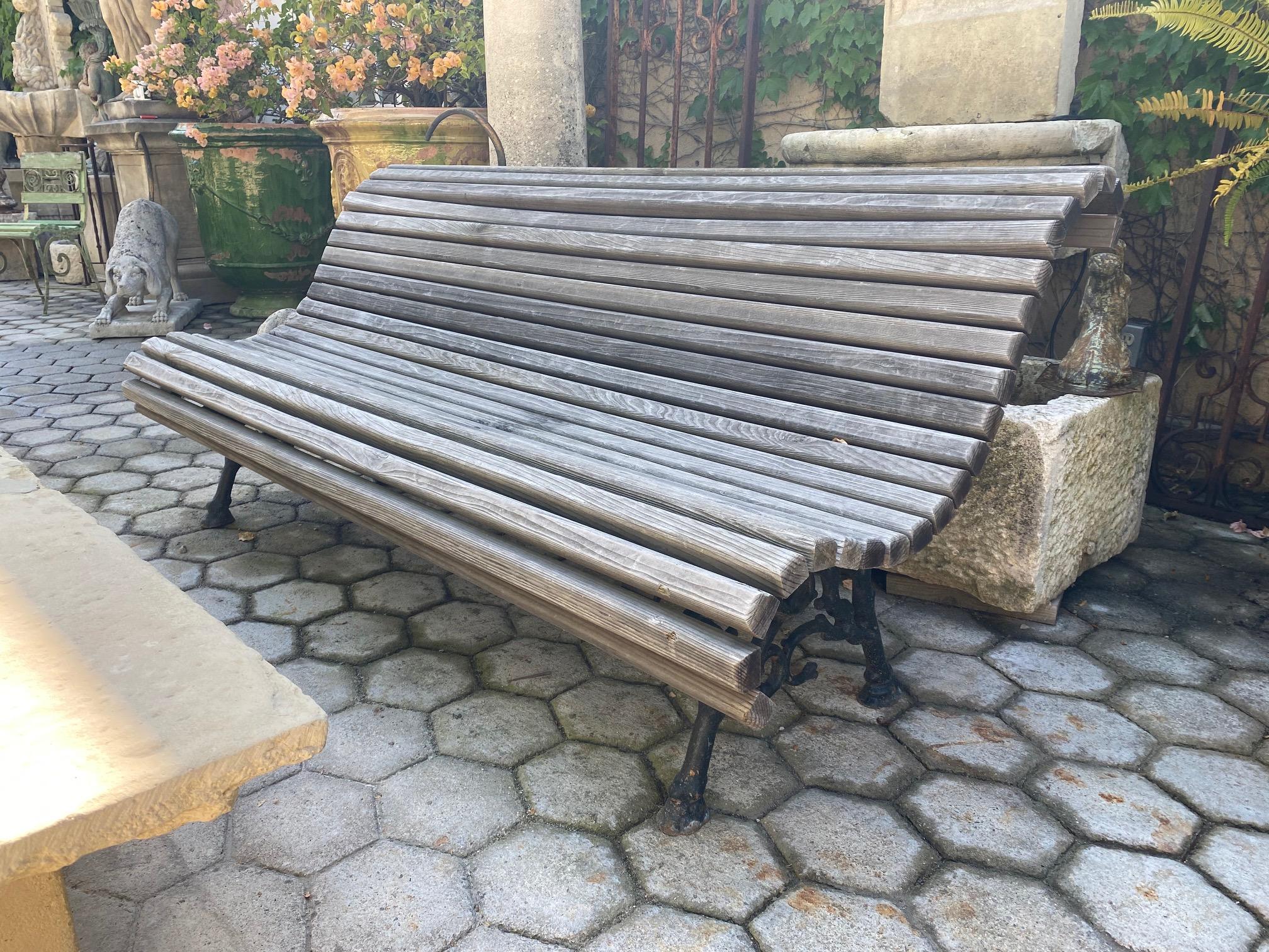 19th Century Hand Forged Metal and Carved Wood Antique Park Garden Bench Seat Furniture