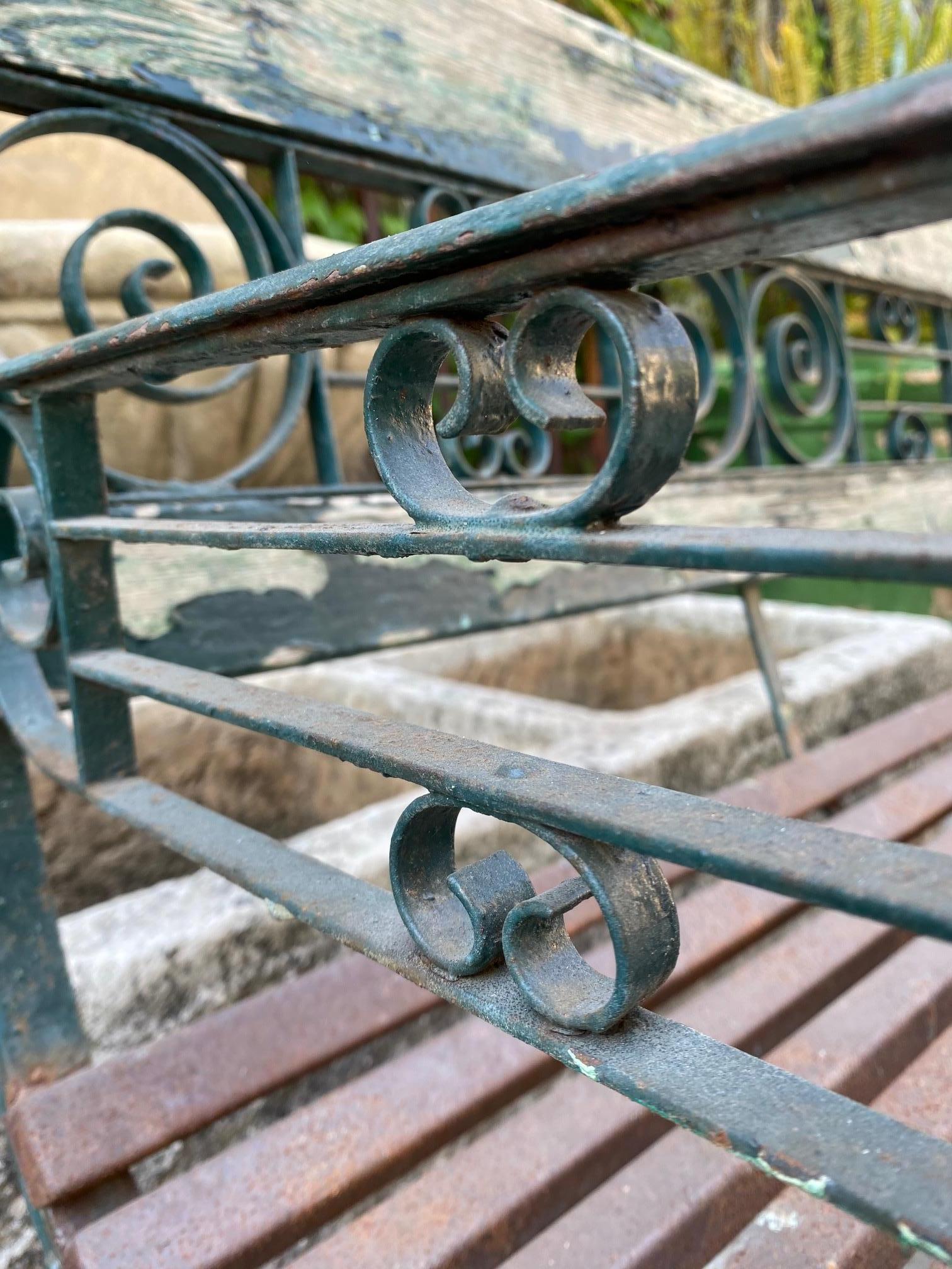 French Hand Forged Metal & Wood Garden Bench rustic Seat Furniture Antiques Dealer LA For Sale