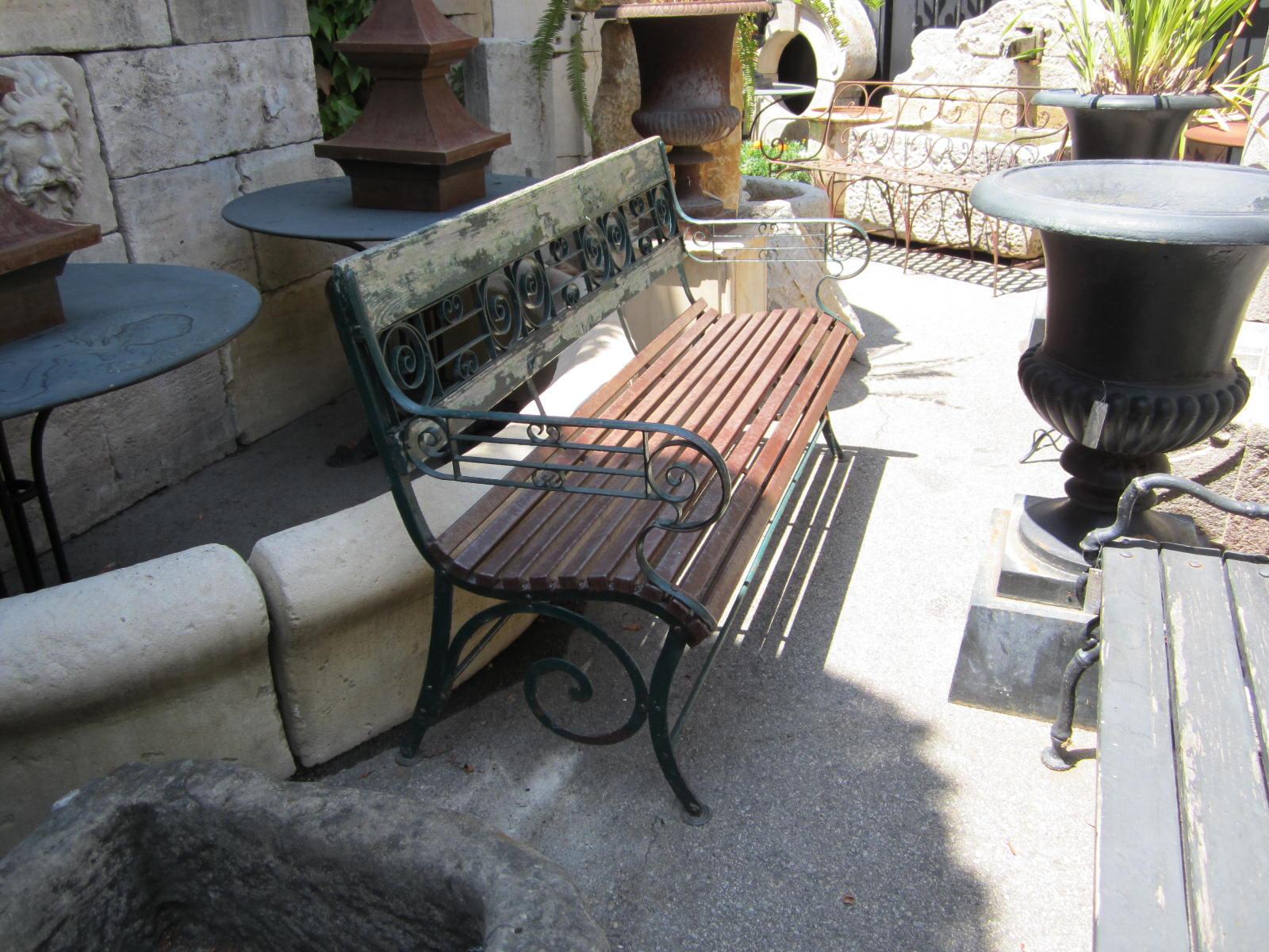 19th Century Hand Forged Metal & Wood Garden Bench rustic Seat Furniture Antiques Dealer LA For Sale