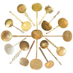 Antique 19th C. Hand Forged, Wrought and Cut Brass Dutch Skimmers or Strainers 17pcs