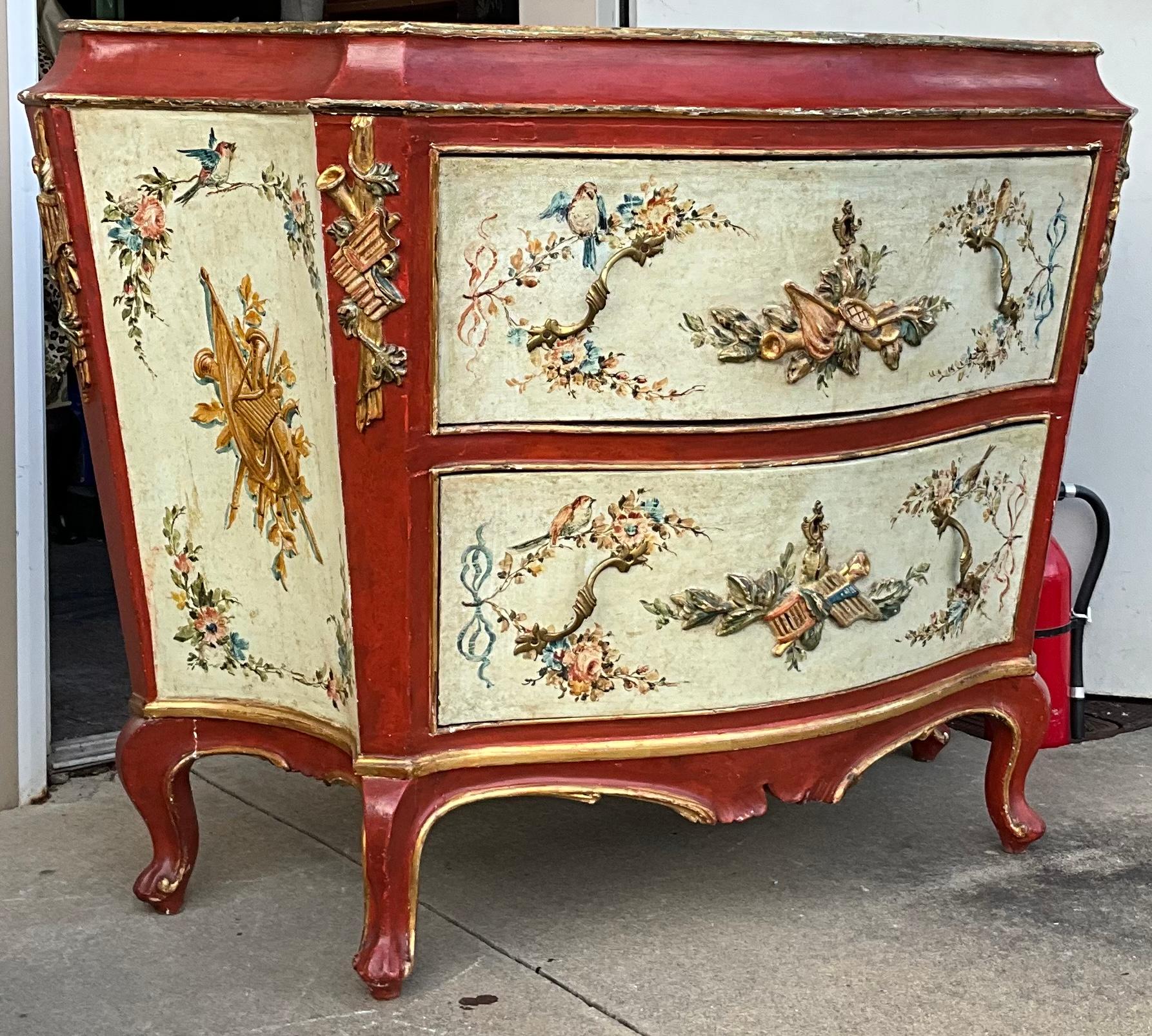 19th Century 19th-C. Hand Painted and Carved Venetian Commode or Chest For Sale