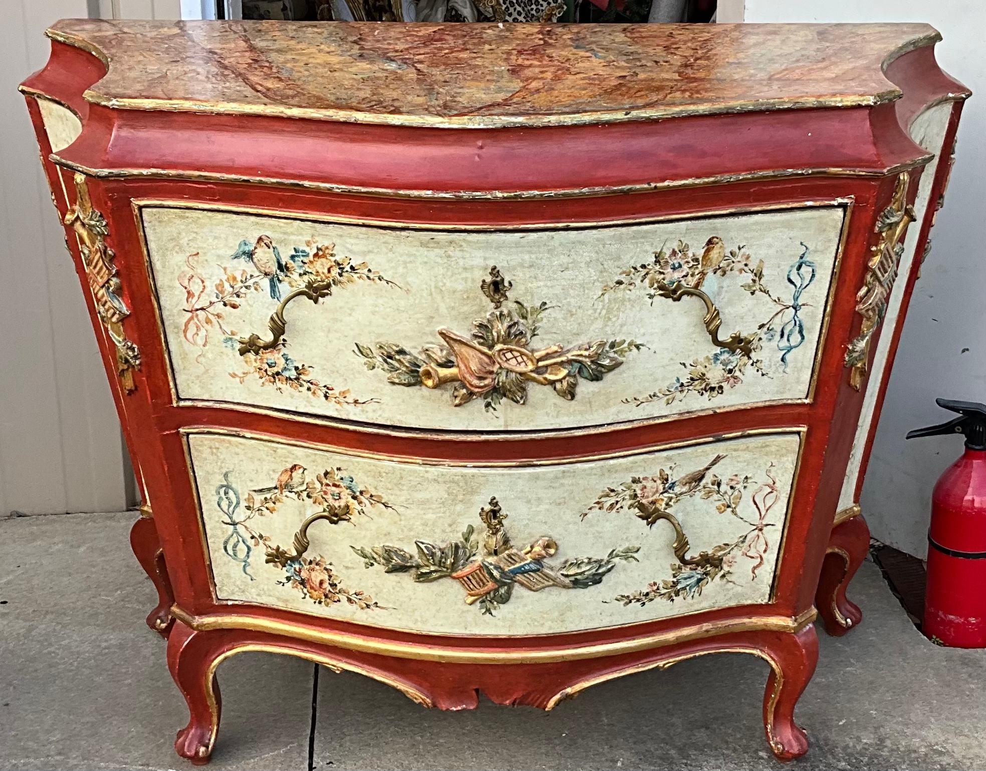 Brass 19th-C. Hand Painted and Carved Venetian Commode or Chest For Sale