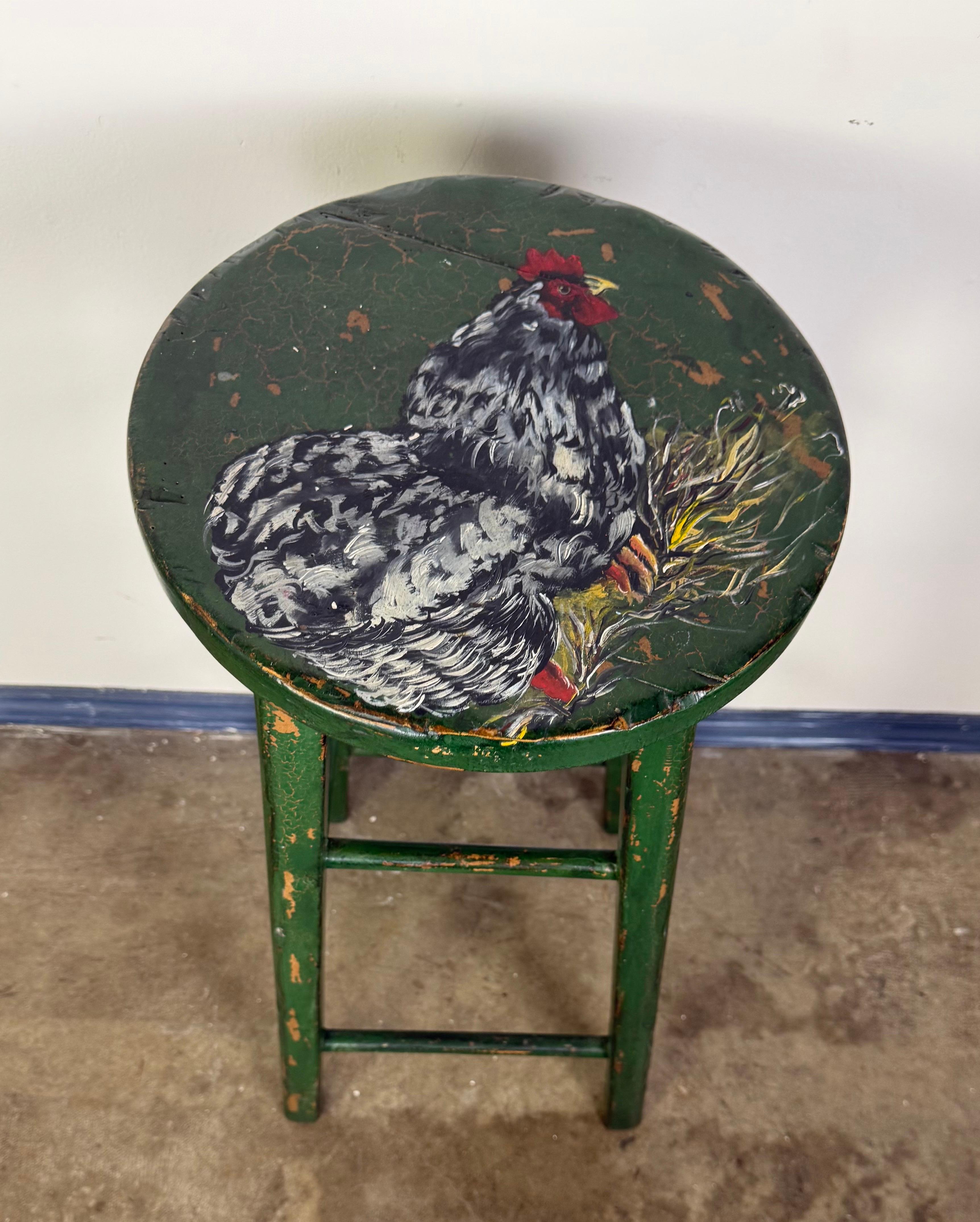 Taburete de bar pintado a mano del s. XIX con gallo en venta 3