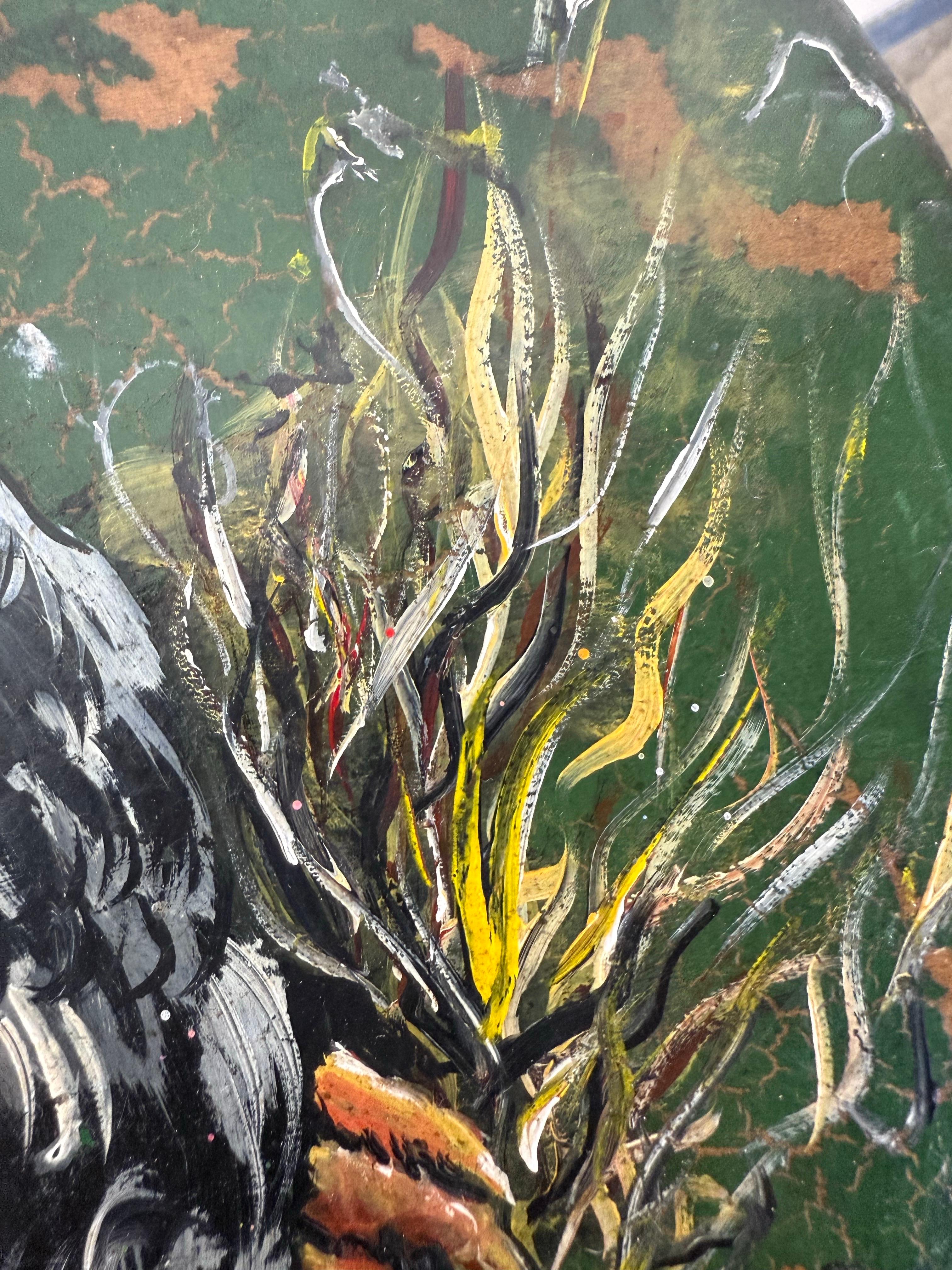 Taburete de bar pintado a mano del s. XIX con gallo en venta 4