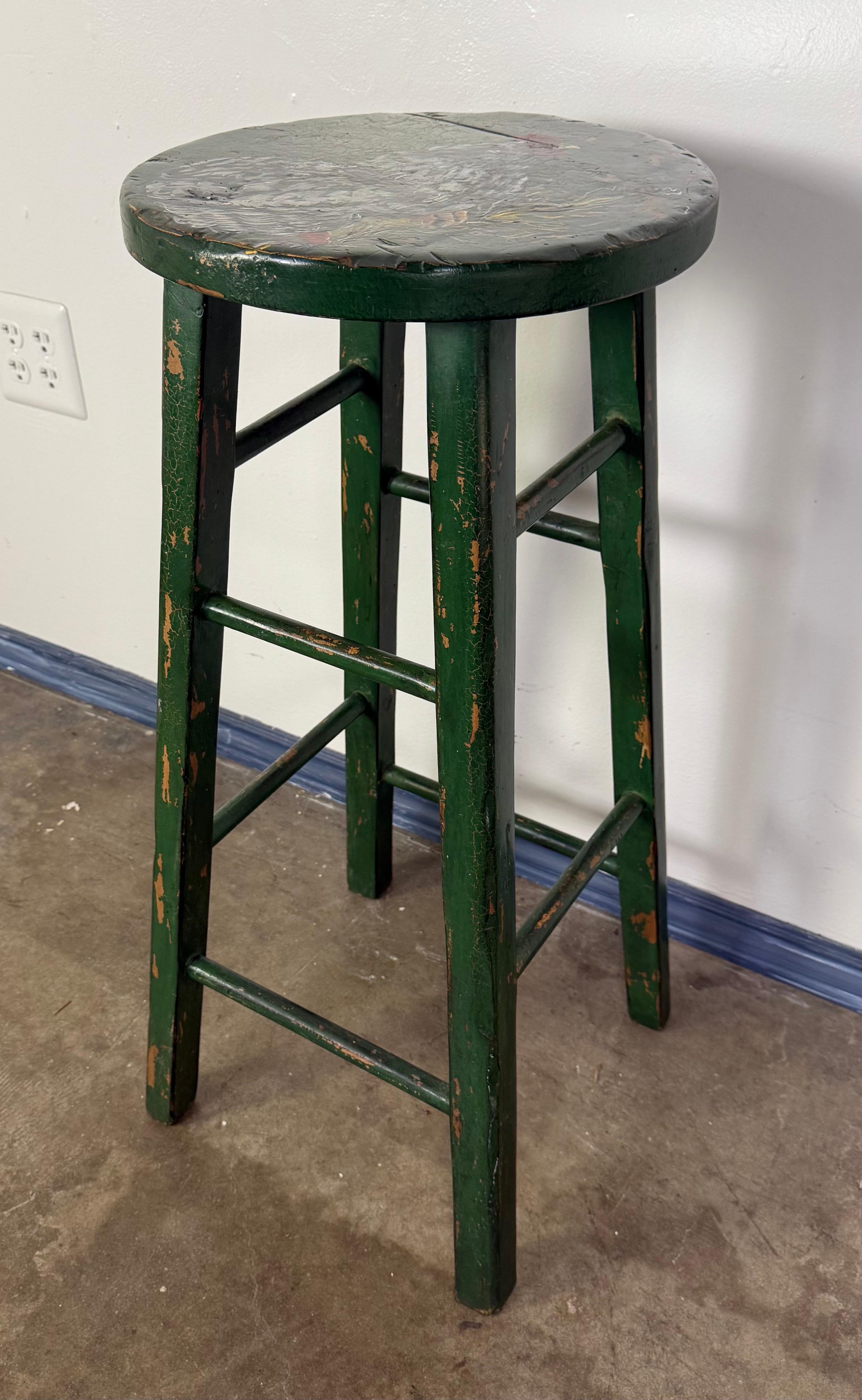 Taburete de bar pintado a mano del s. XIX con gallo Francés en venta