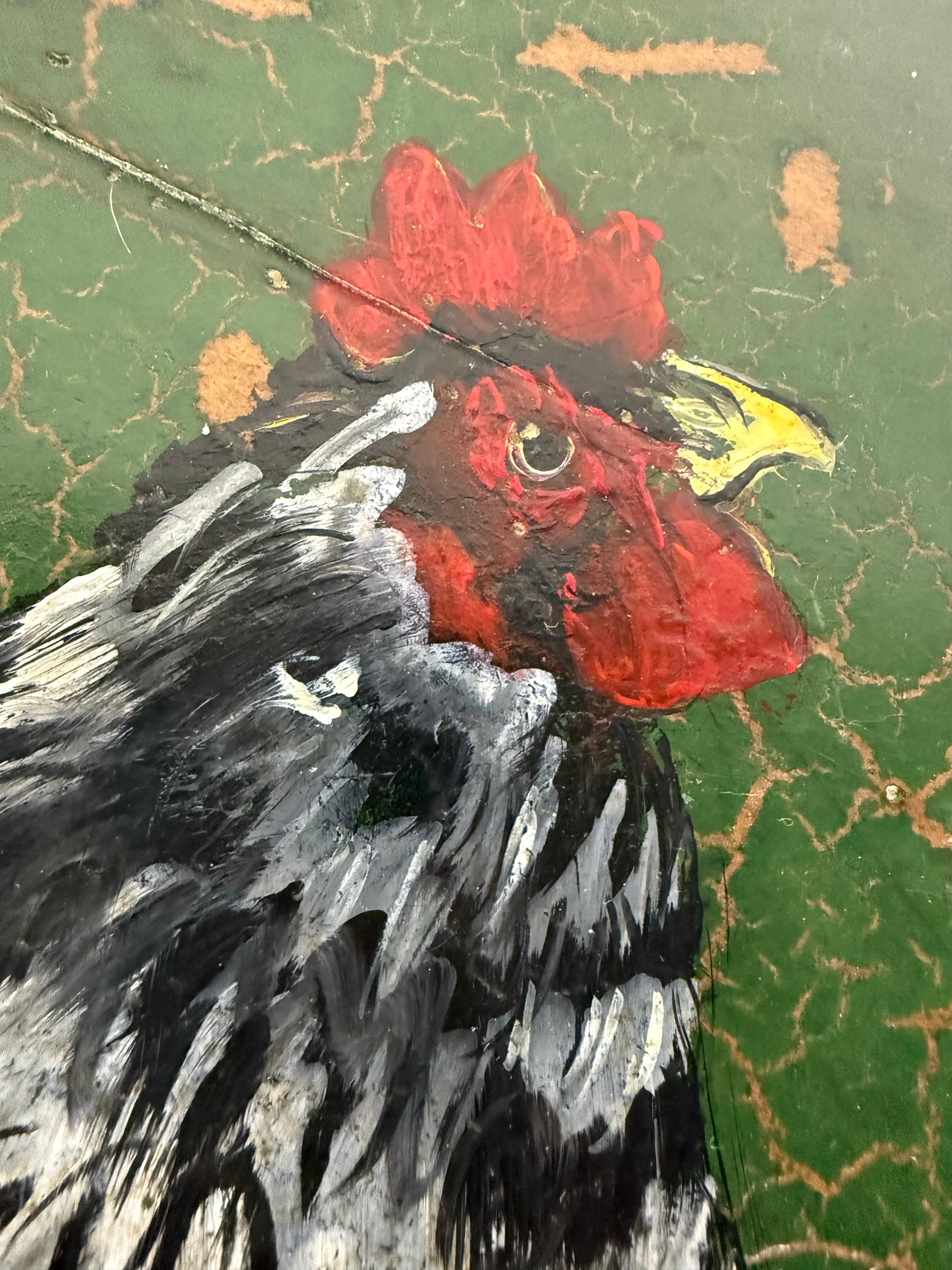 Taburete de bar pintado a mano del s. XIX con gallo en Desgastado estado para la venta en Los Angeles, CA