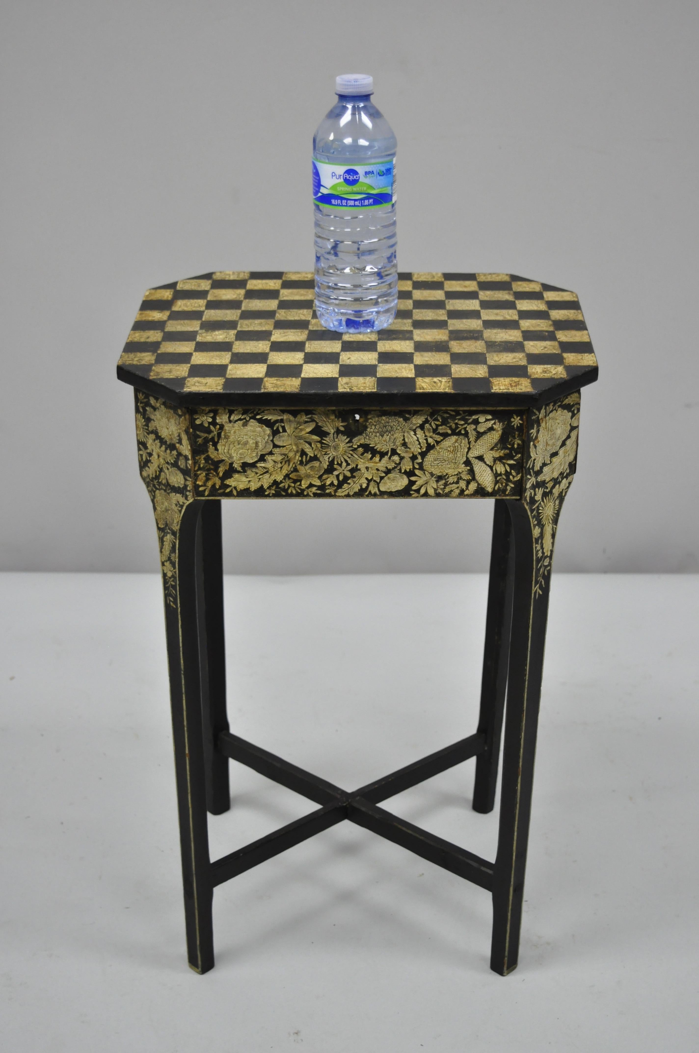 19th C. Hand Painted Black and Cream Checkerboard Victorian Accent Side Table 2