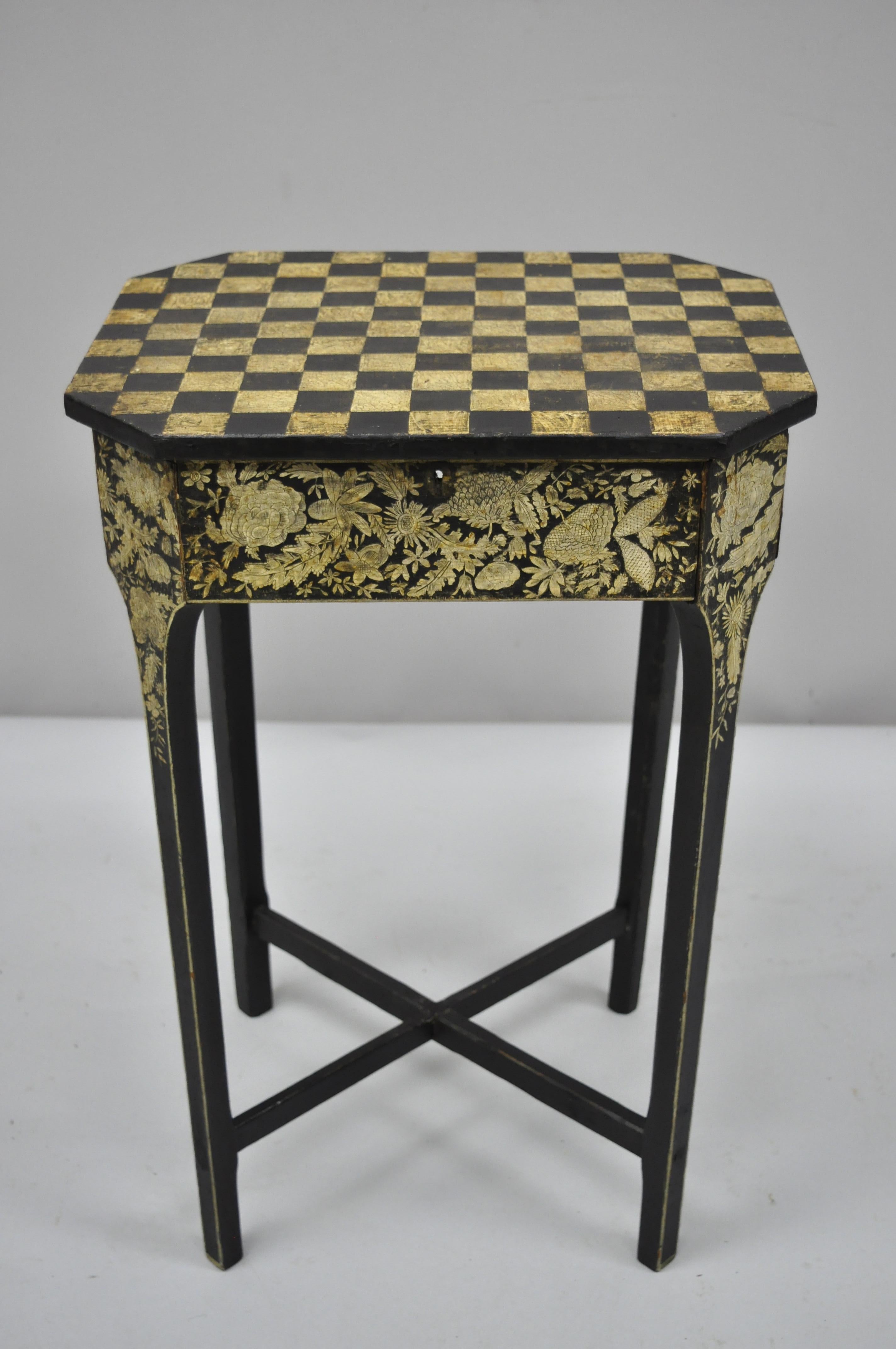 19th C. Hand Painted Black and Cream Checkerboard Victorian Accent Side Table 4