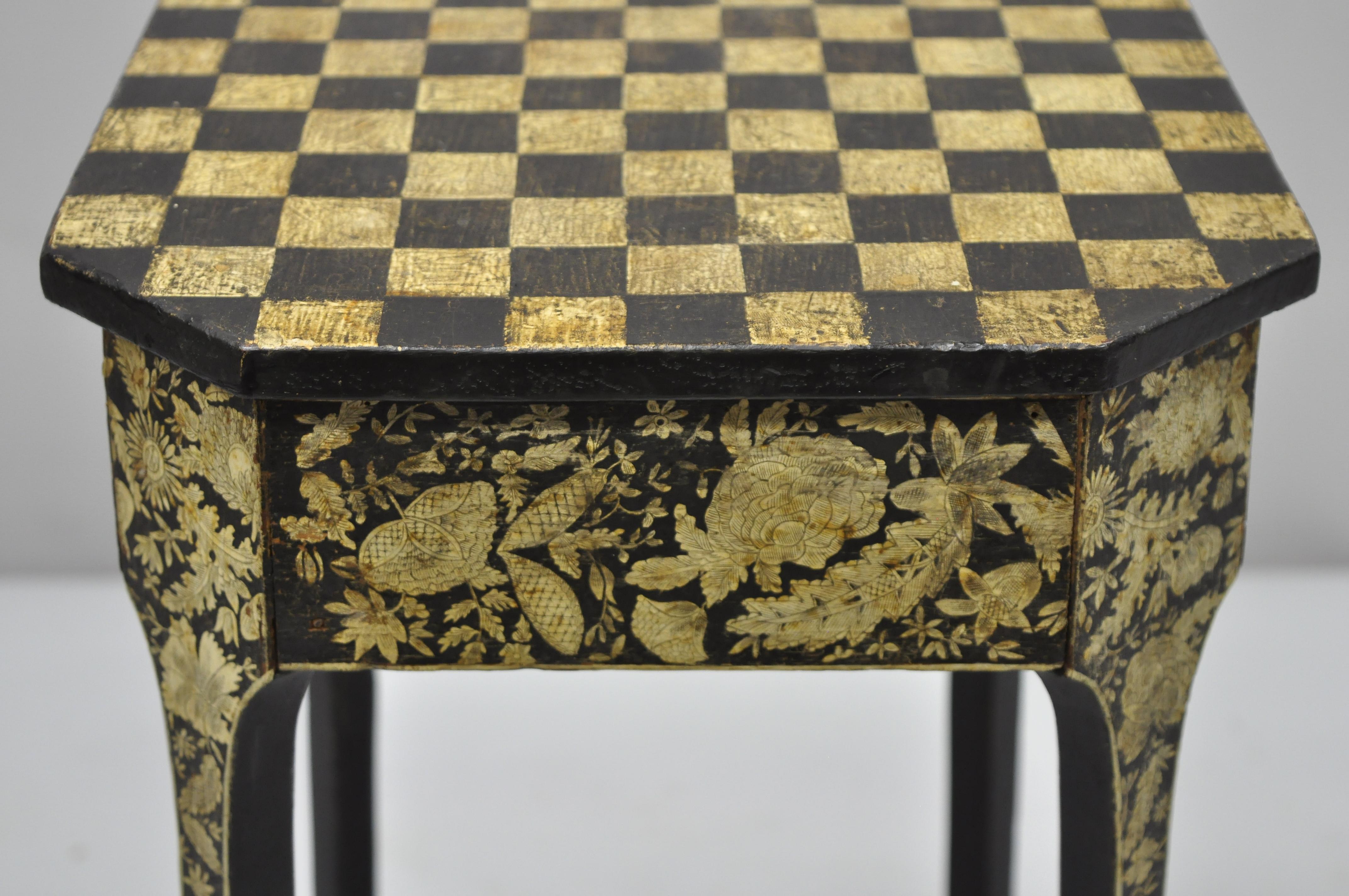 Aesthetic Movement 19th C. Hand Painted Black and Cream Checkerboard Victorian Accent Side Table