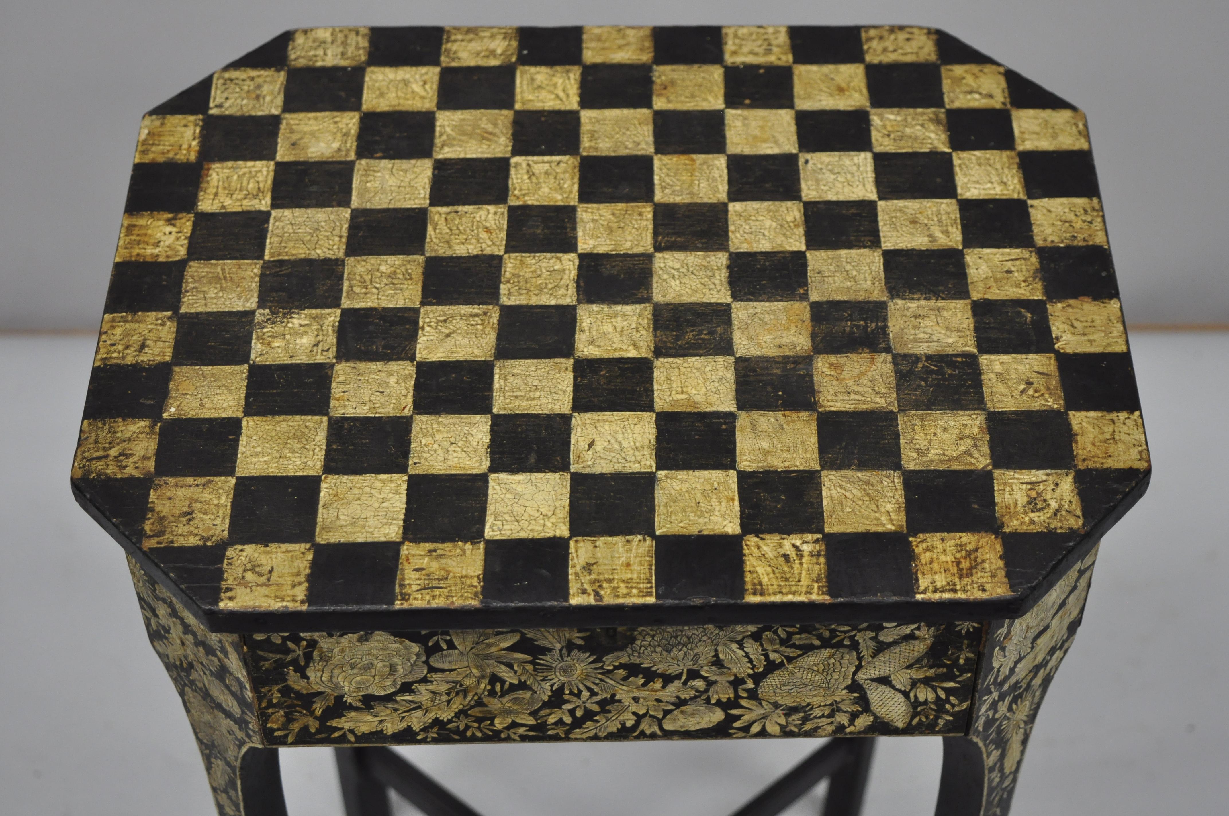 English 19th C. Hand Painted Black and Cream Checkerboard Victorian Accent Side Table