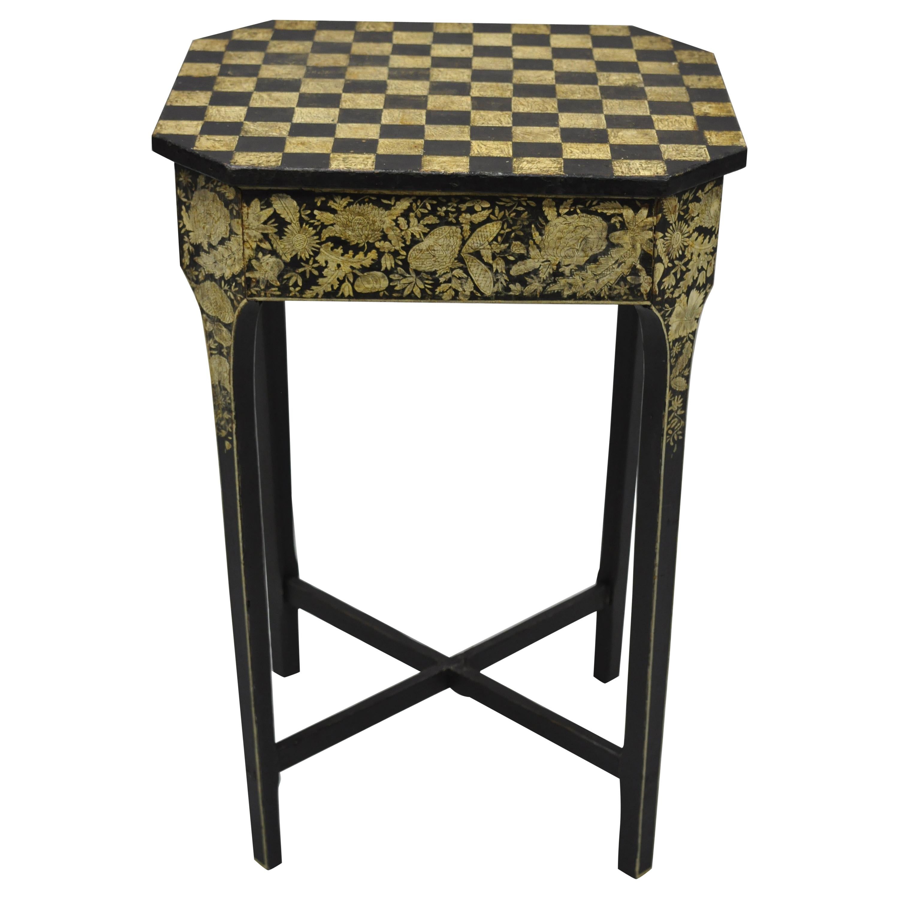 19th C. Hand Painted Black and Cream Checkerboard Victorian Accent Side Table