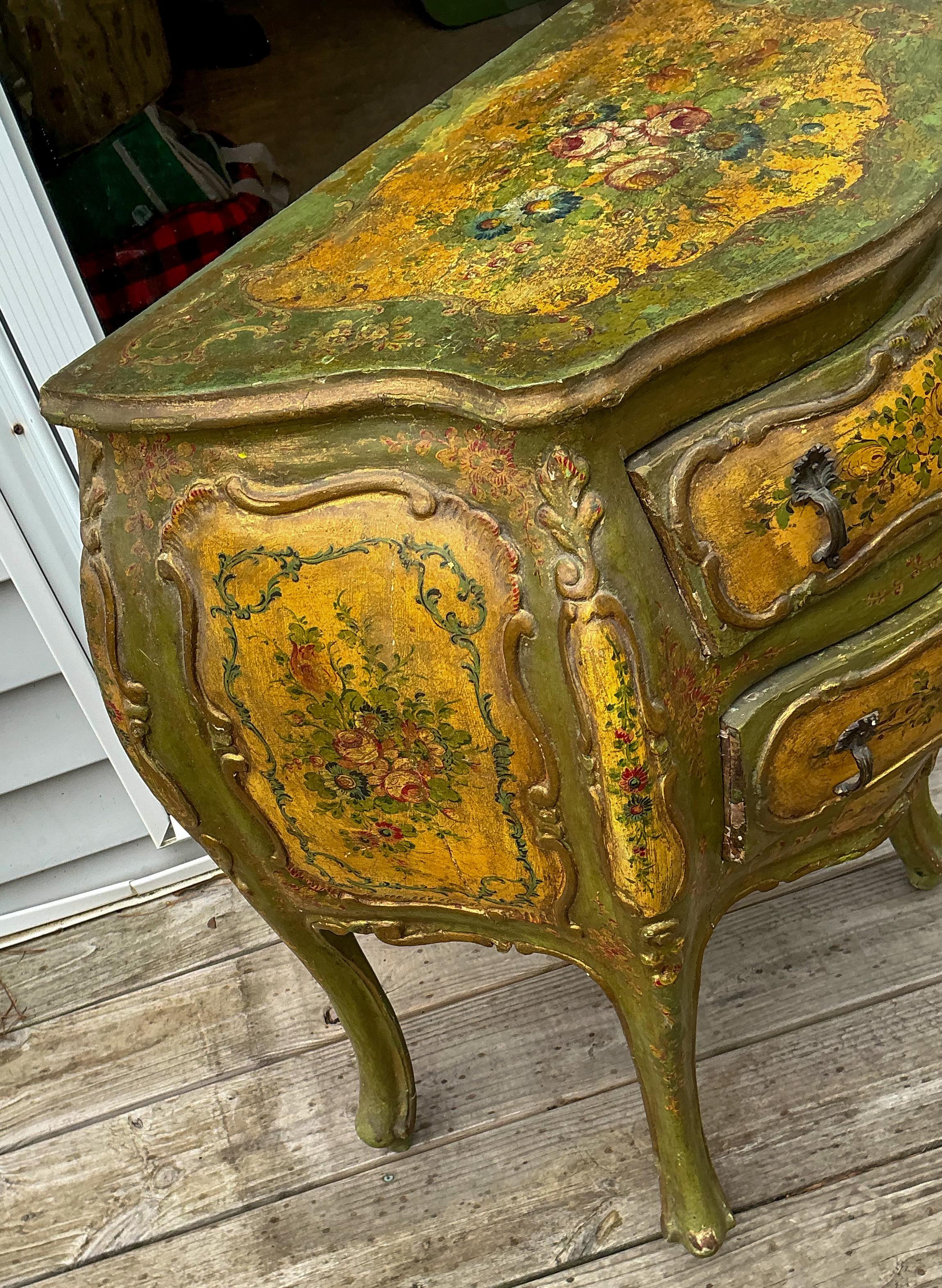 Rococo Revival 19th-C. Hand Painted Venetian Bombe Chest or Commode. For Sale
