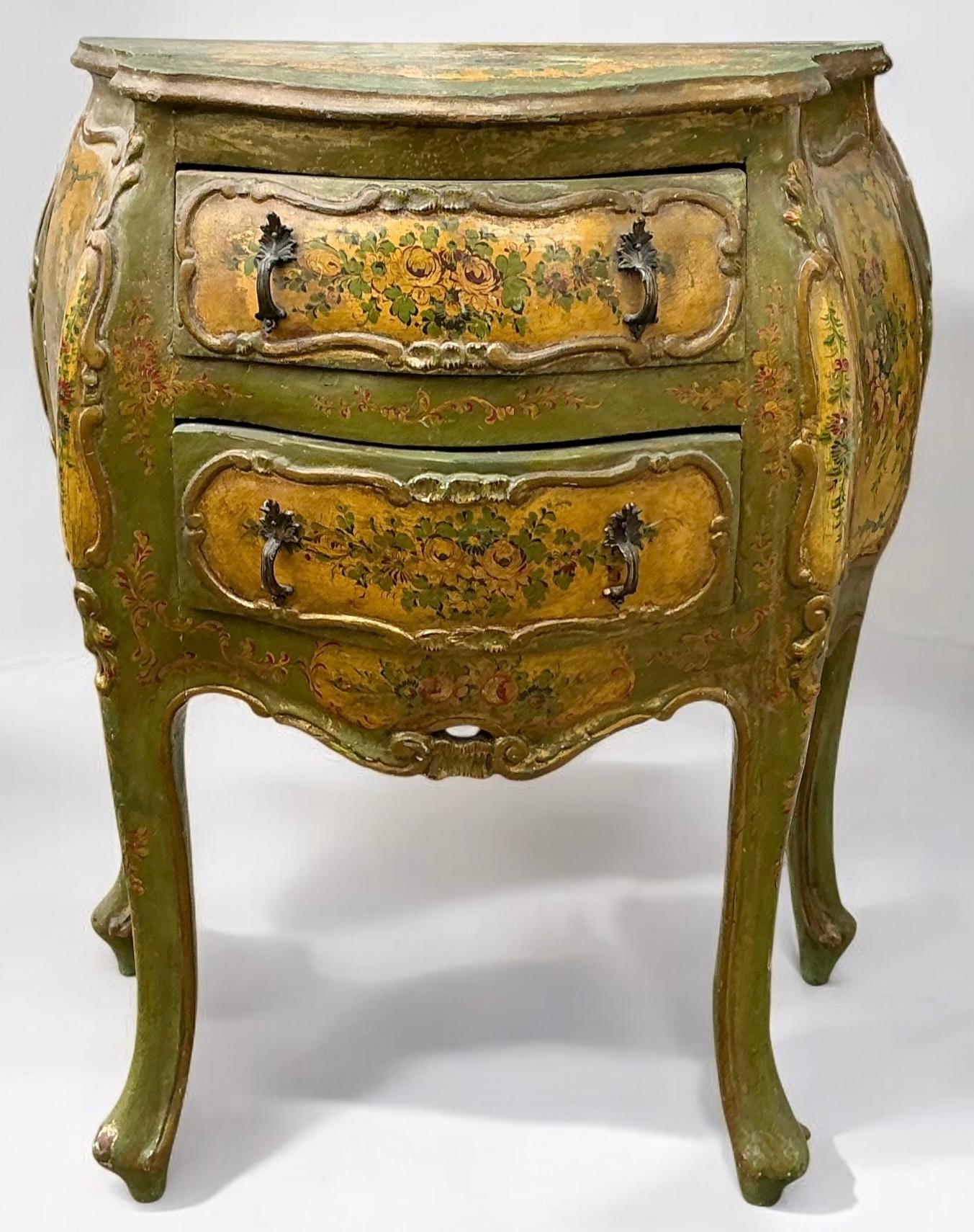 Bronze 19th-C. Hand Painted Venetian Bombe Chest or Commode. For Sale