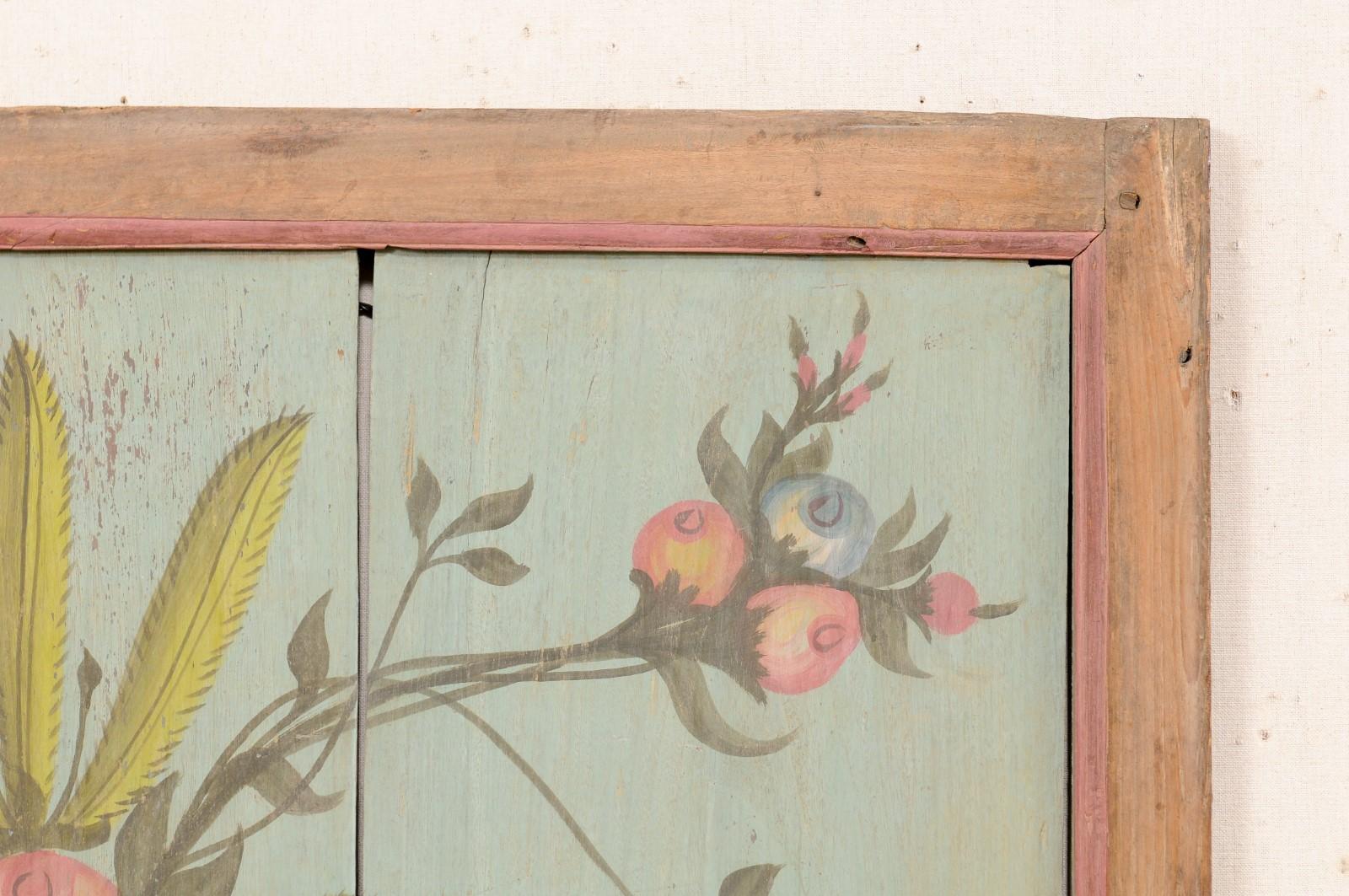 19th C. Hand-Painted Wooden Wall Panel in Floral Motif For Sale 1