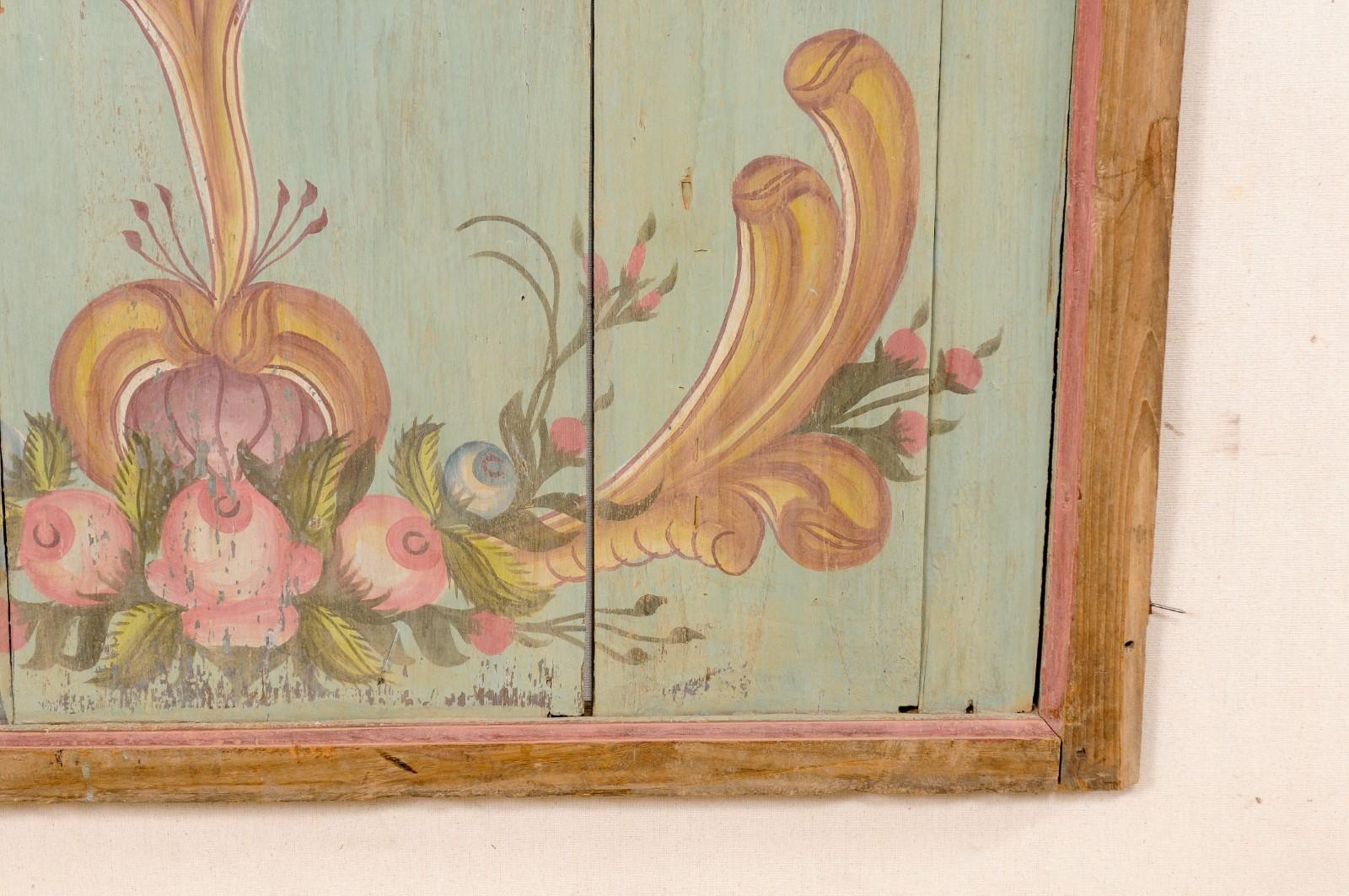 Panneau mural en bois peint à la main du 19e siècle à motif floral en vente 1