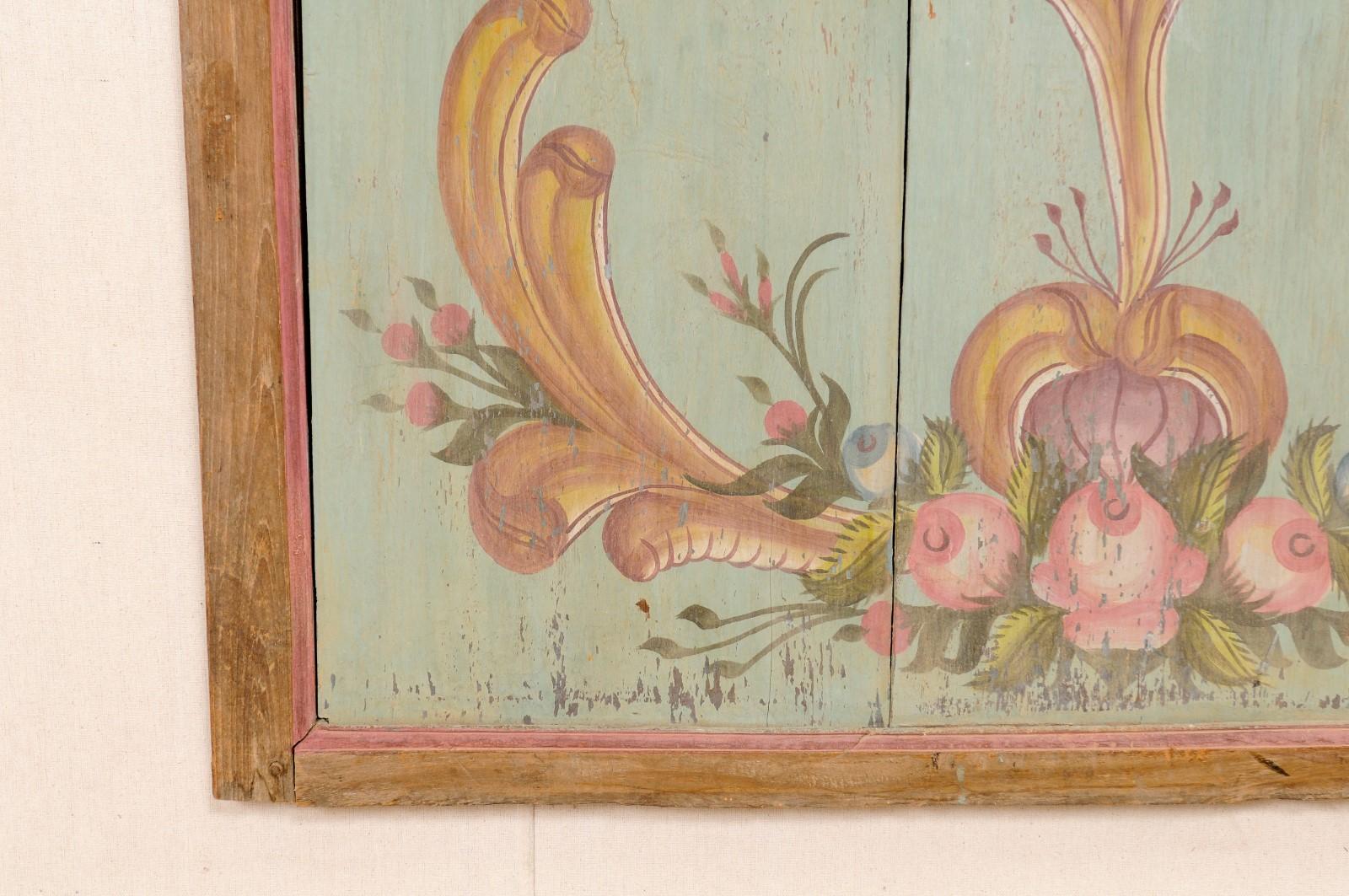 Panneau mural en bois peint à la main du 19e siècle à motif floral en vente 2