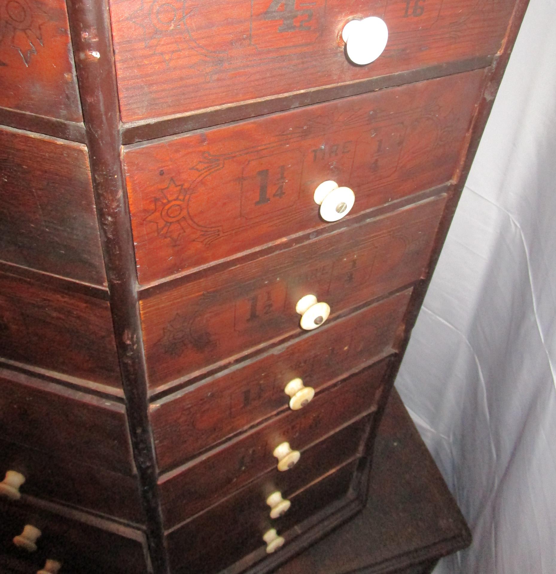 19th c. Hardware Store Oak Ninety-Eight Drawer Octagonal Screw and Bolt Cabinet 3