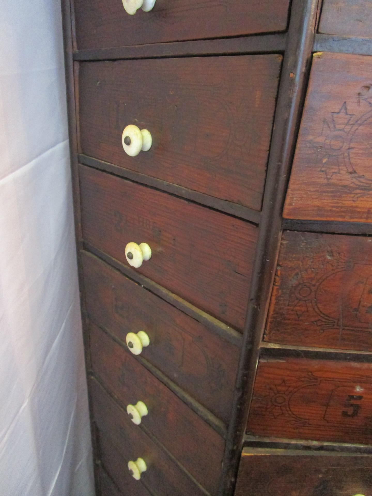 19th c. Hardware Store Oak Ninety-Eight Drawer Octagonal Screw and Bolt Cabinet 6