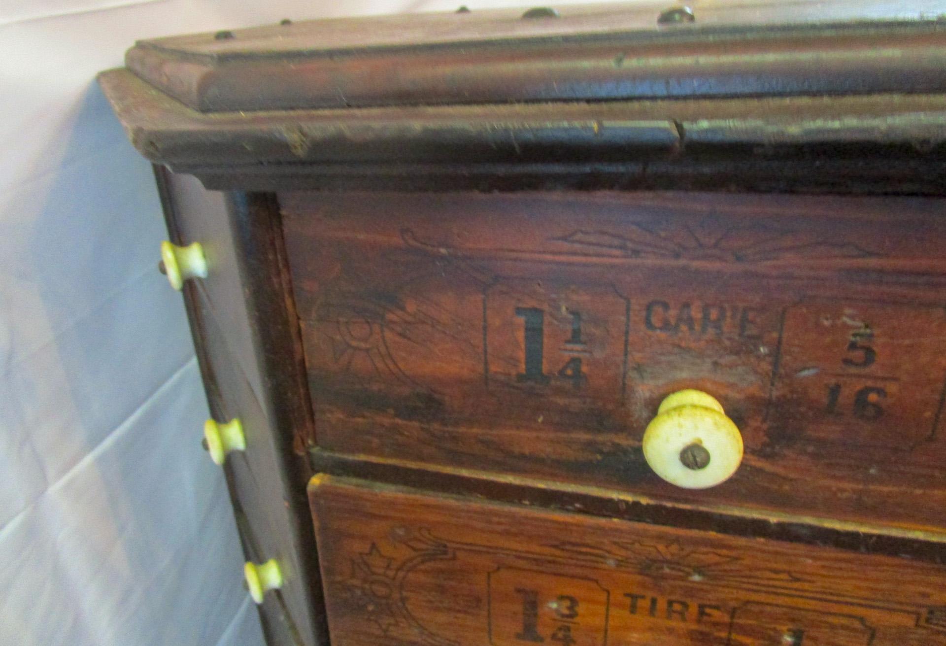 19th c. Hardware Store Oak Ninety-Eight Drawer Octagonal Screw and Bolt Cabinet 7