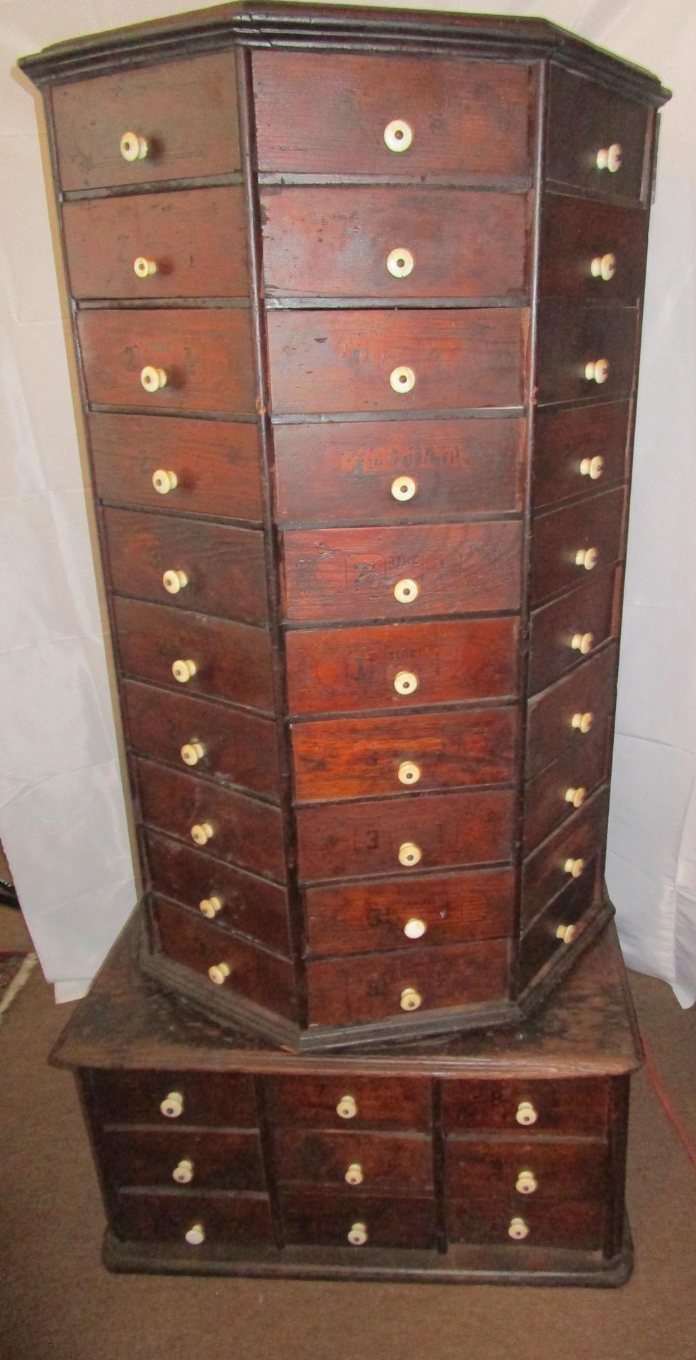 19th c. Hardware Store Oak Ninety-Eight Drawer Octagonal Screw and Bolt Cabinet 8