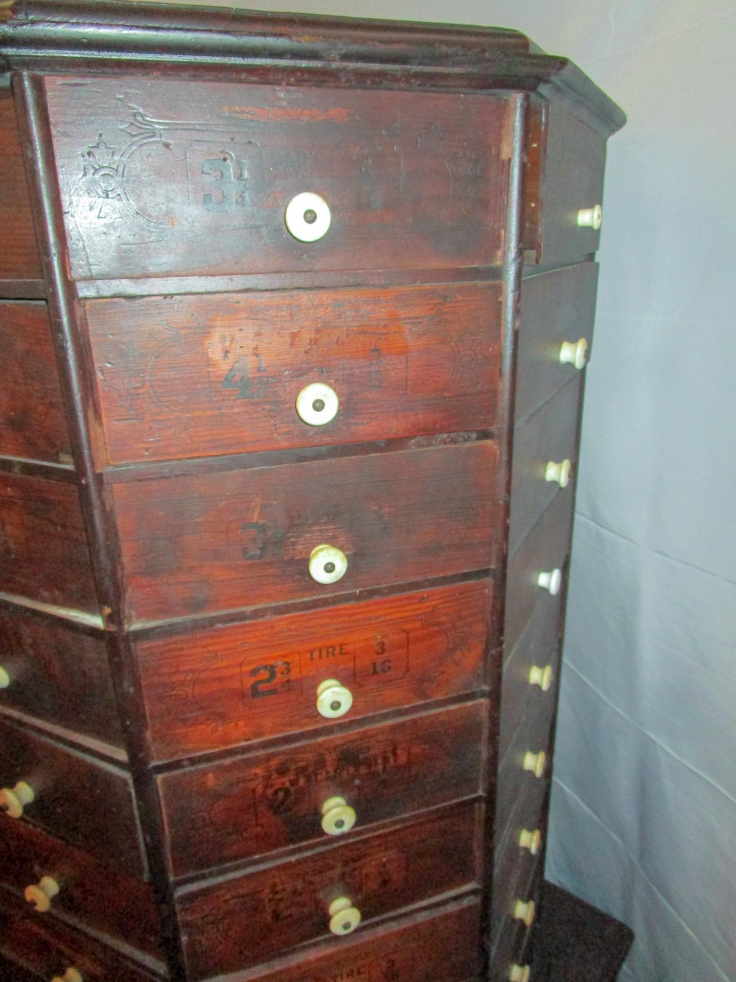American 19th c. Hardware Store Oak Ninety-Eight Drawer Octagonal Screw and Bolt Cabinet