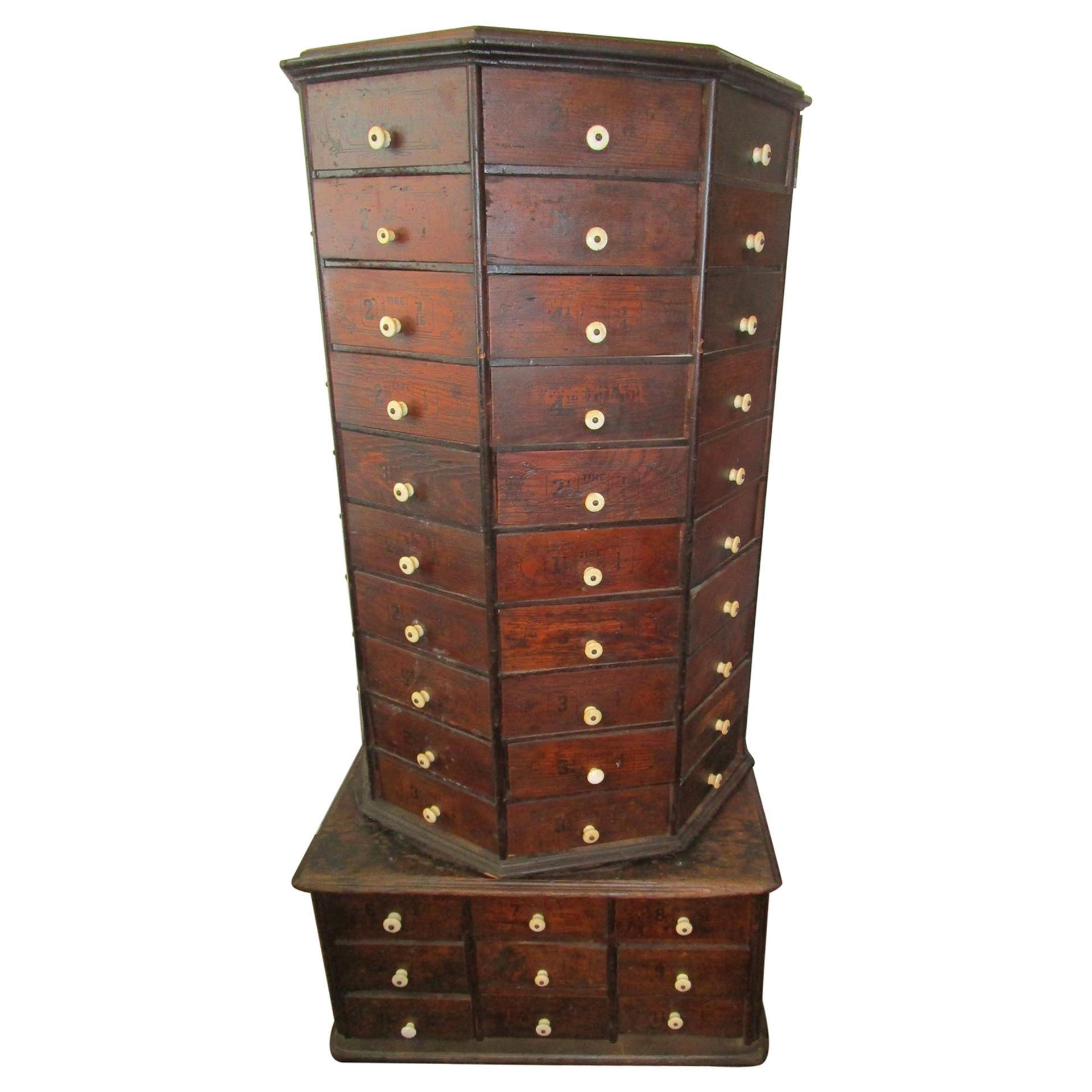 19th c. Hardware Store Oak Ninety-Eight Drawer Octagonal Screw and Bolt Cabinet