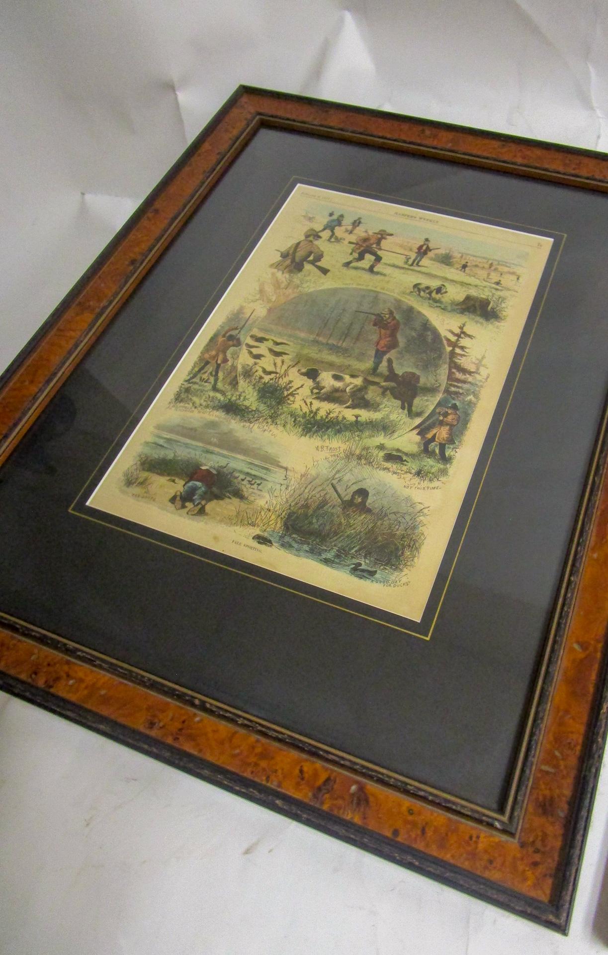 Beautifully framed in burled walnut with French matting scored in a thin outline of gold, these handsome sporting prints are by Arthur Burdett Frost and featured in Harper's Weekly magazine.*