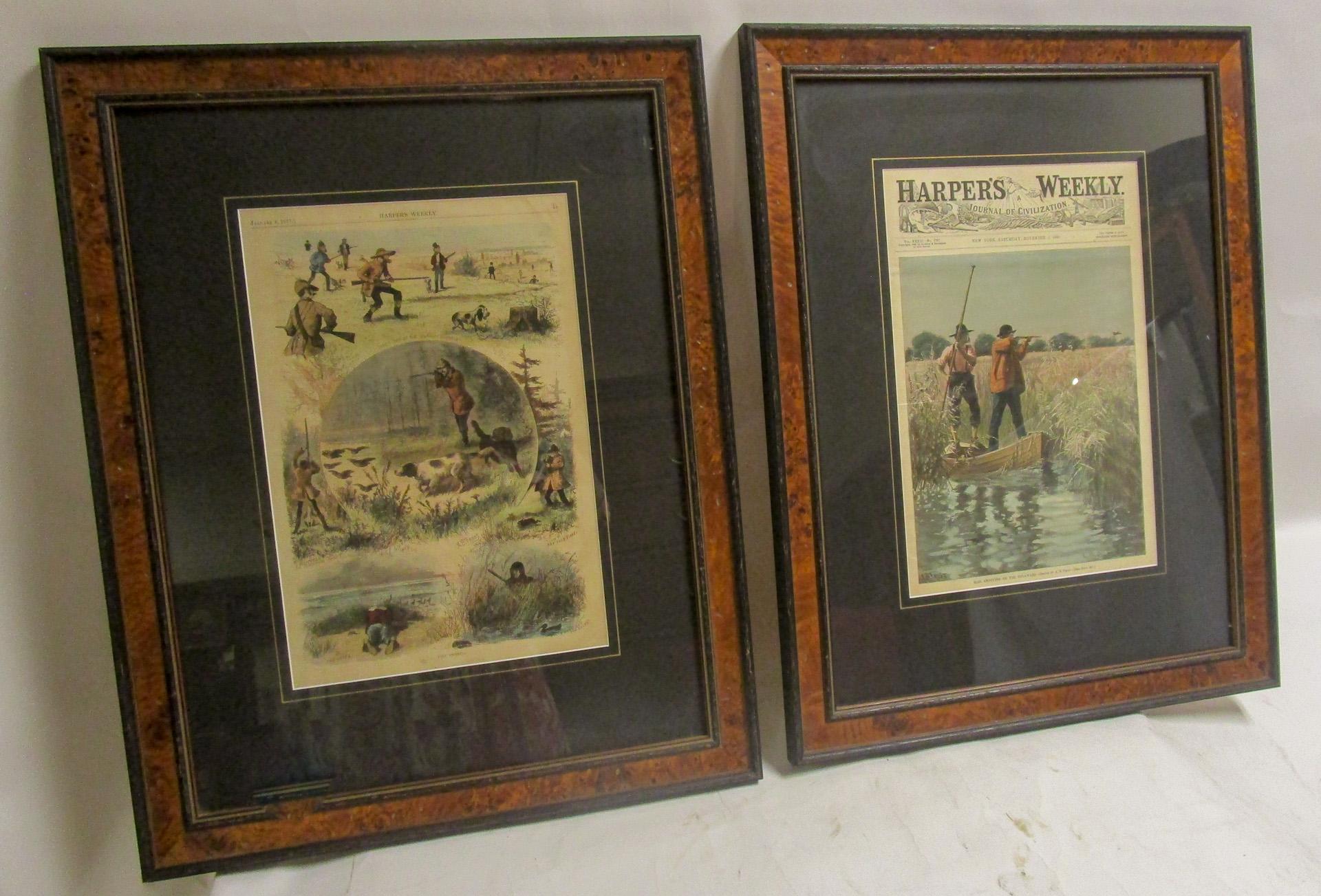 Victorian 19th C Harper's Weekly A.B. Frost Sporting Prints with Burled Walnut Frames