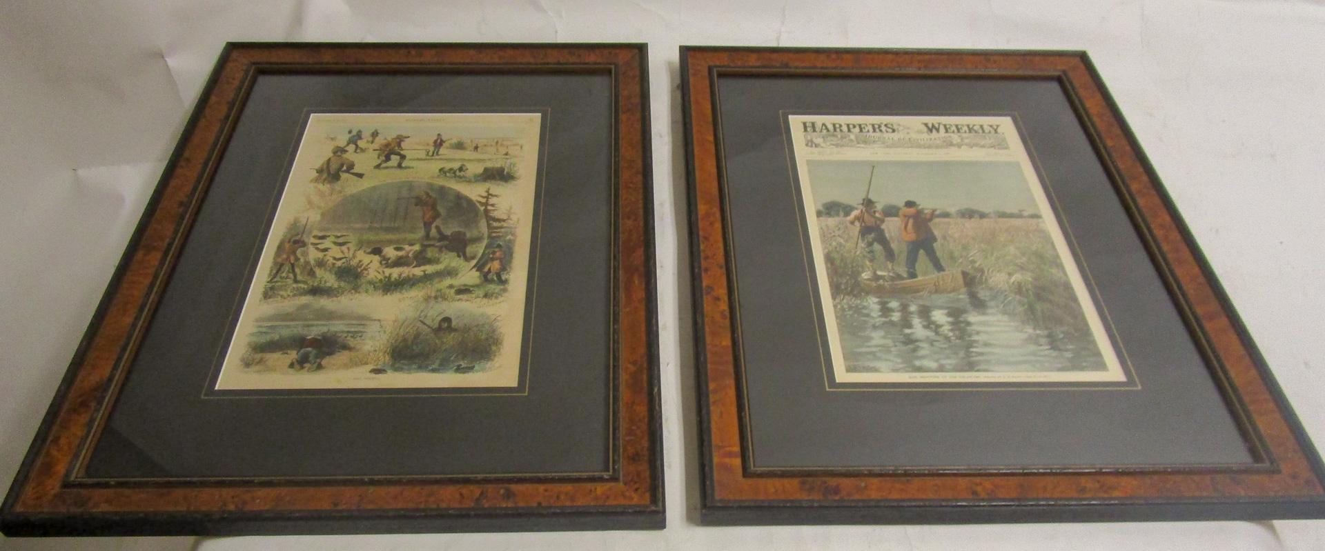 American 19th C Harper's Weekly A.B. Frost Sporting Prints with Burled Walnut Frames