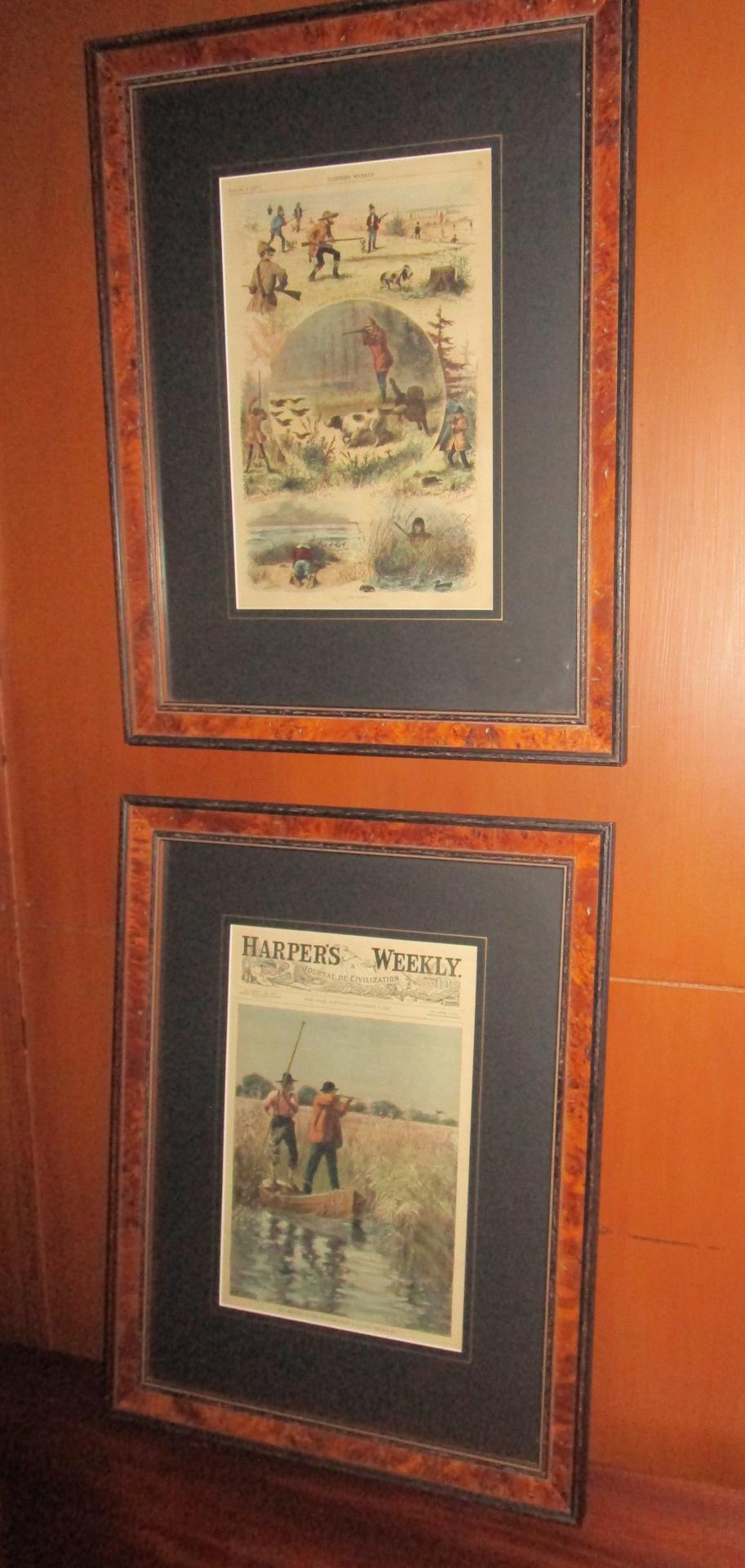 19th C Harper's Weekly A.B. Frost Sporting Prints with Burled Walnut Frames In Good Condition In Savannah, GA