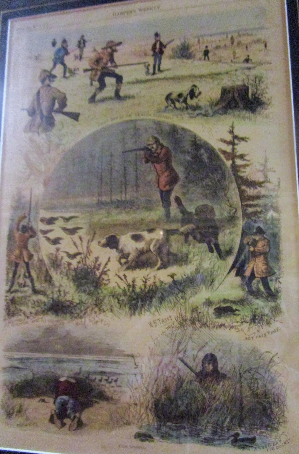 Glass 19th C Harper's Weekly A.B. Frost Sporting Prints with Burled Walnut Frames