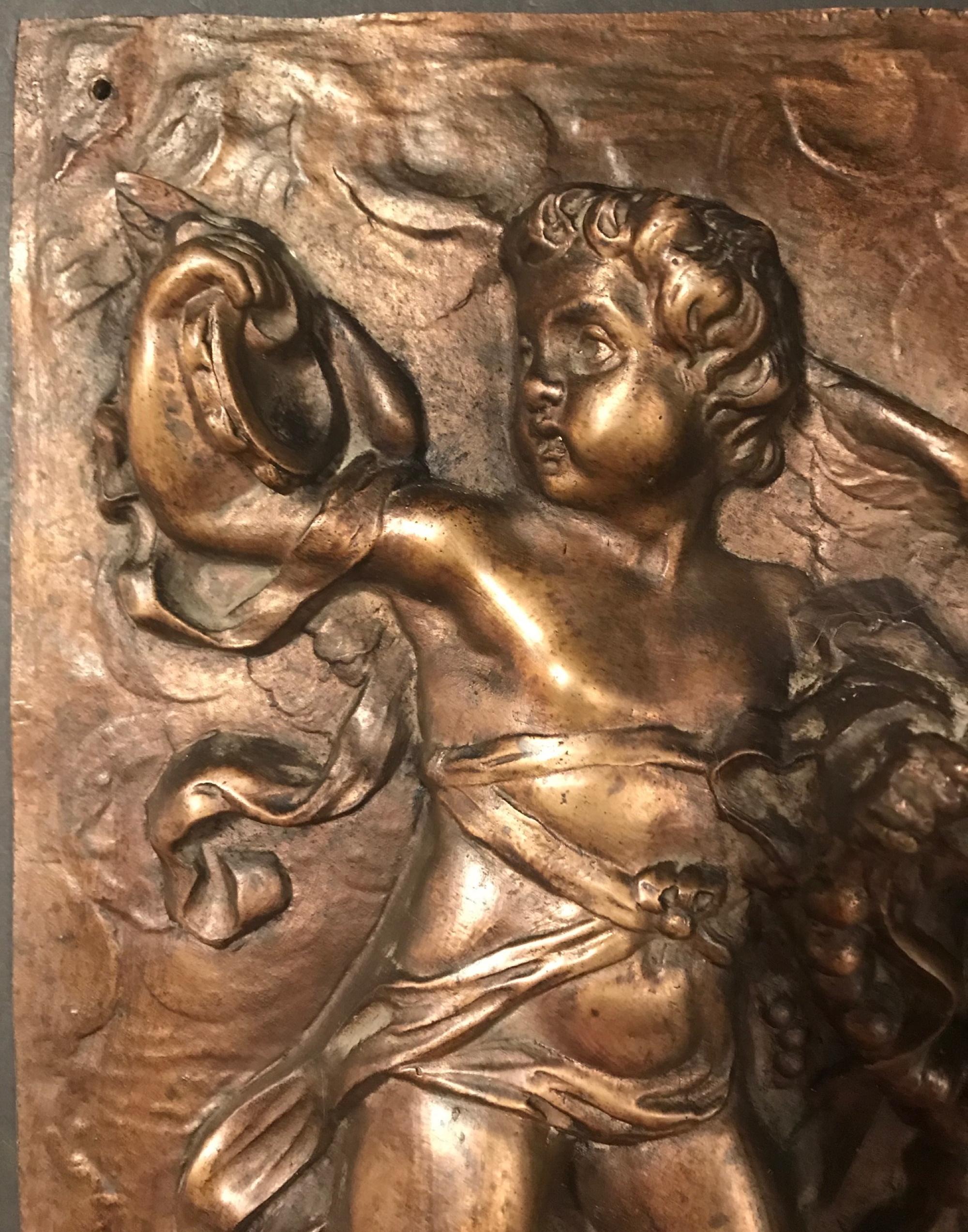 Baroque Heavy French Bronze Relief Plaque of 3 Dancing Putti with Tambourines